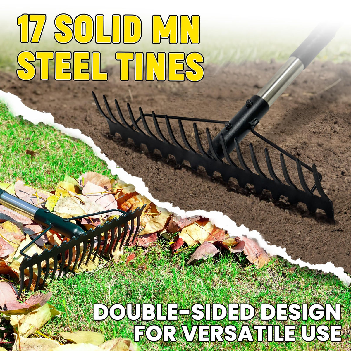Bow Rake, 68-Inch Adjustable Handle Garden Rake with 17 Steel Tines, Heavy Duty Dual-Sided Metal Rake Landscape Gardening Tool for Soil Loosening Lawn Yard Leaves Mulch Thatch Removing