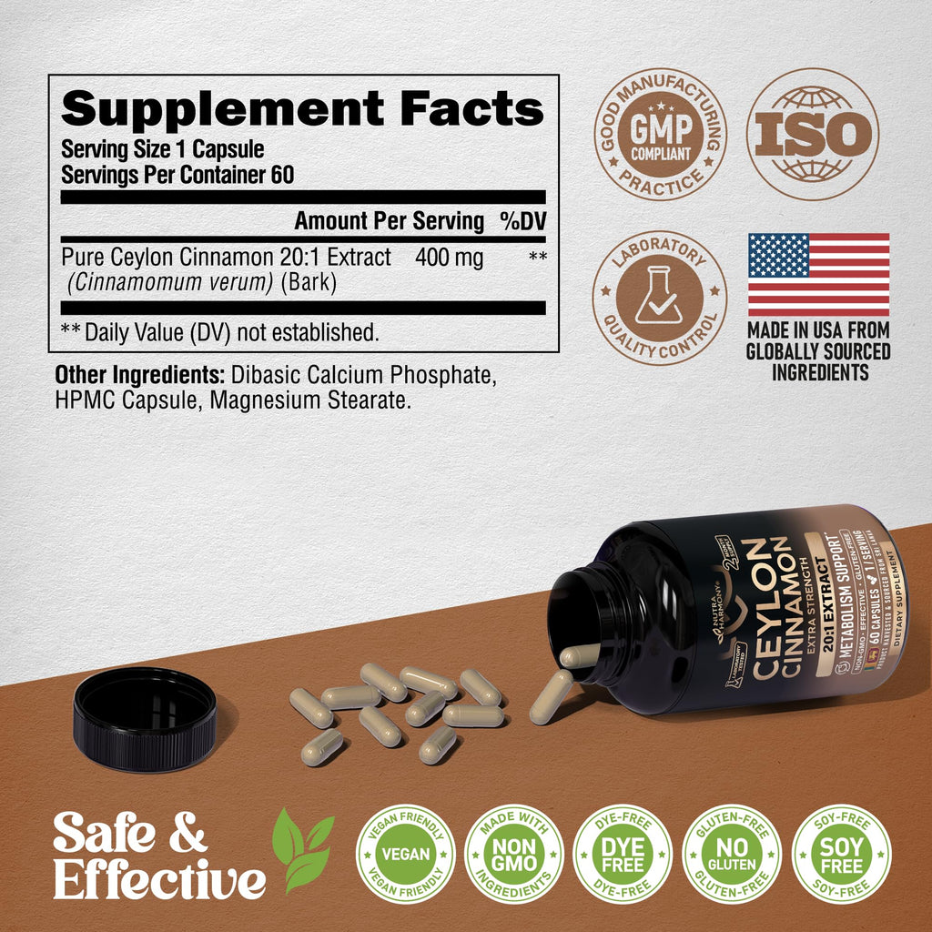 Ceylon Cinnamon Capsules - Energy Heart & Metabolism Support - 60 Capsules | Pure Natural Cinnamon Supplement for Men & Women - Extra Strenght 20:1 Extract - GMO & Gluten-Free - 2-Month Supply