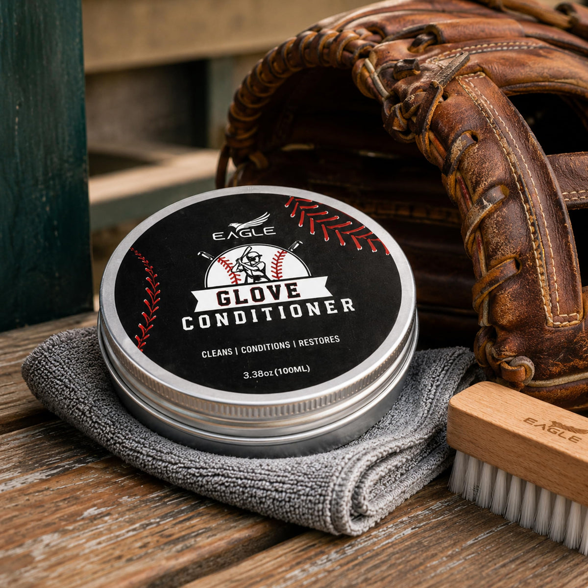 Eagle Baseball Glove Care Kit – Glove Cleaner (8oz), Oil (8oz), Conditioner (3.38oz), 2 Applicators & Cloth – Complete Leather Glove Maintenance Kit for Baseball, Softball, Catcher’s Mitts & More
