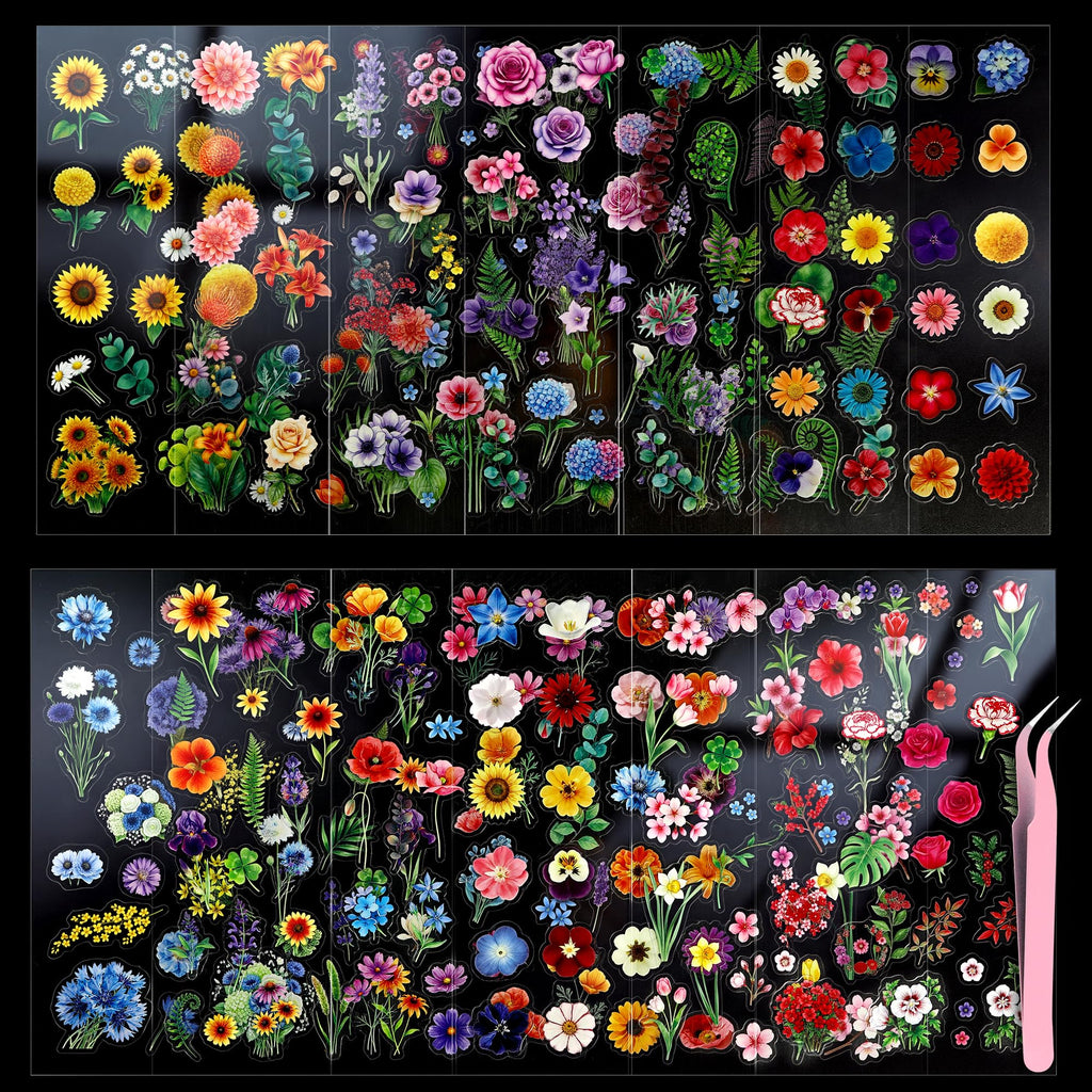 316Pcs Transparent Flower Stickers for Scrapbooking, Floral Decals Tweezer