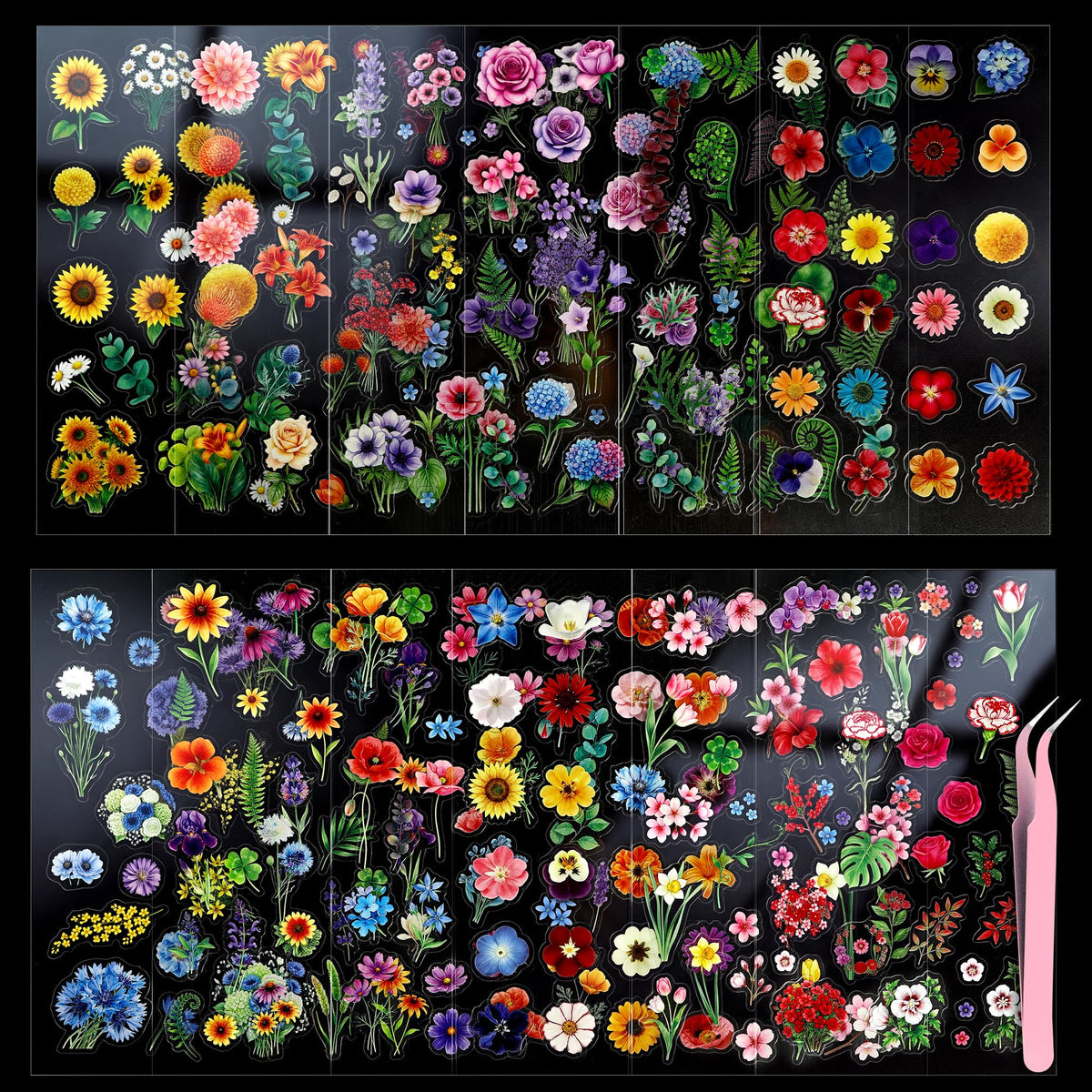 316Pcs Transparent Flower Stickers for Scrapbooking, Floral Decals Tweezer