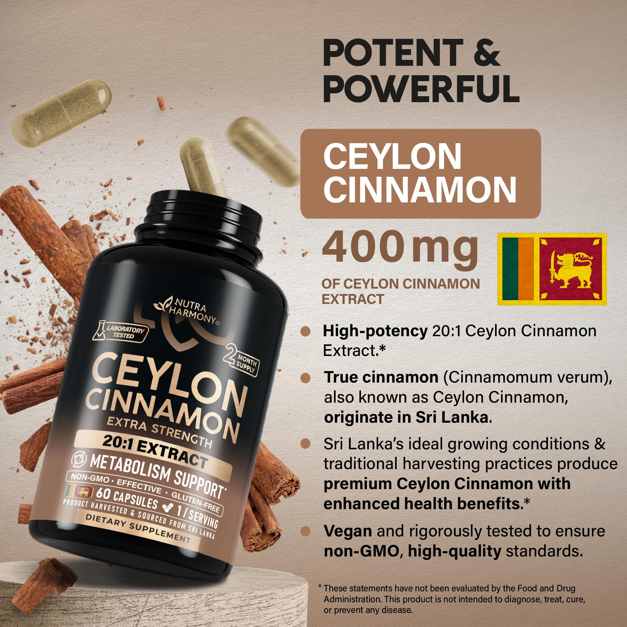 Ceylon Cinnamon Capsules - Energy Heart & Metabolism Support - 60 Capsules | Pure Natural Cinnamon Supplement for Men & Women - Extra Strenght 20:1 Extract - GMO & Gluten-Free - 2-Month Supply