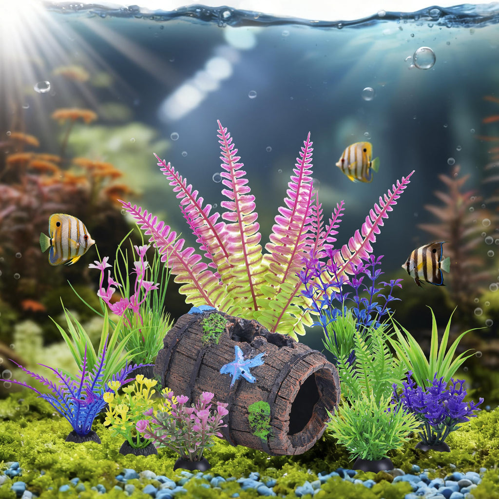 Ameliade 11 Aquarium Plants & Fish Tank Broken Barrel Cave Decorations Set
