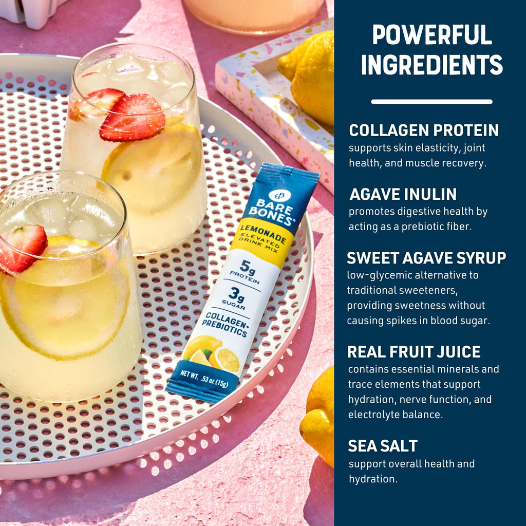 Bare Bones Lemonade Collagen Protein Powder Drink Mix, 16 Stick Packets | 5g Collagen Protein | Prebiotic Collagen Drink Mix for Water | Naturally Sweetened, Light & Flavorful | Gluten & Dairy Free