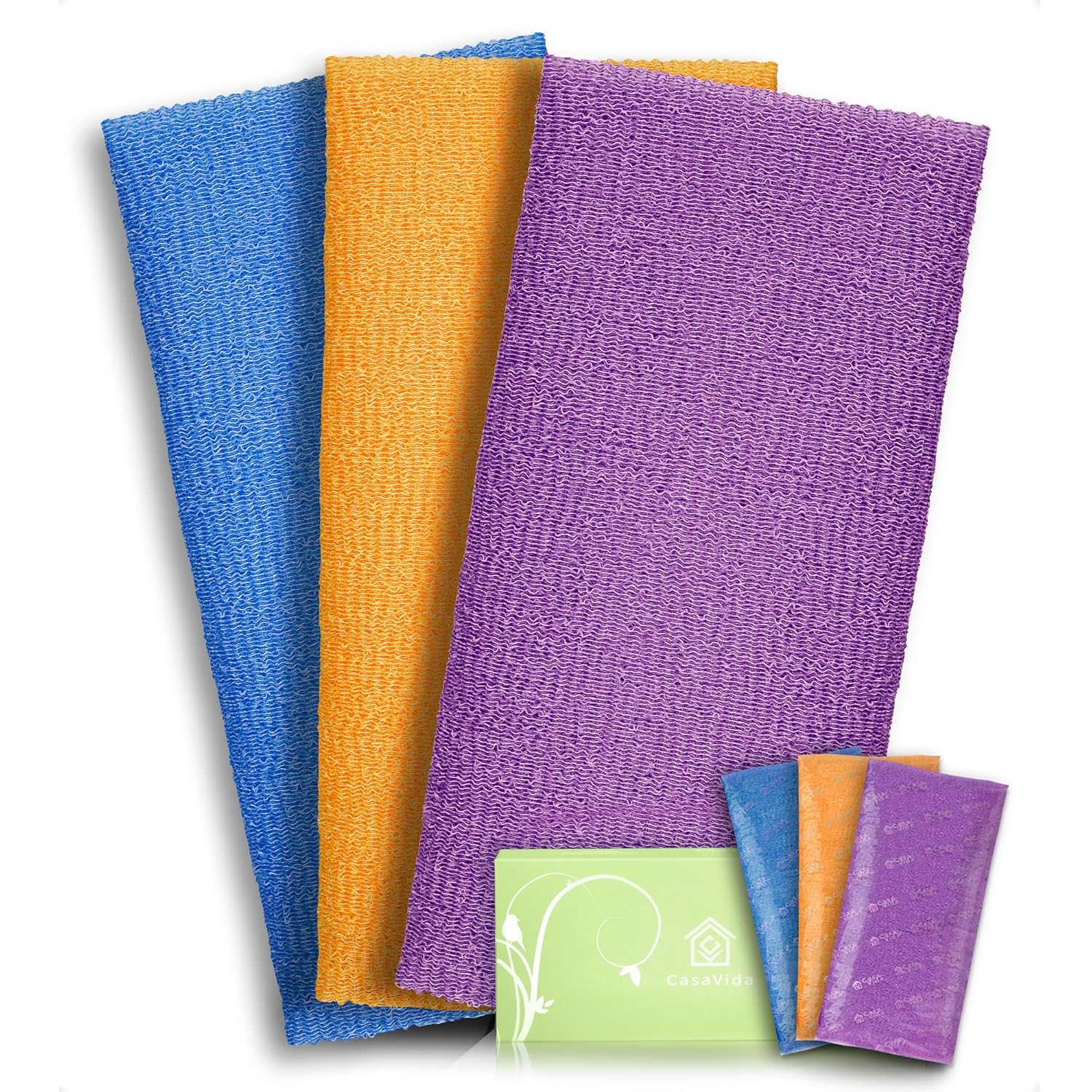 Buy now CASAVIDA Exfoliating Washcloth Back Scrubber for Shower Exfoliating Body Scrubber Japanese Beauty Washcloth African Net Sponge Bath Korean Loofah Towel Wash Cloth Shower Scrub Towel 3 Pack (Pink x 3) Orange + Purple + Navy-Blue at indiglob india