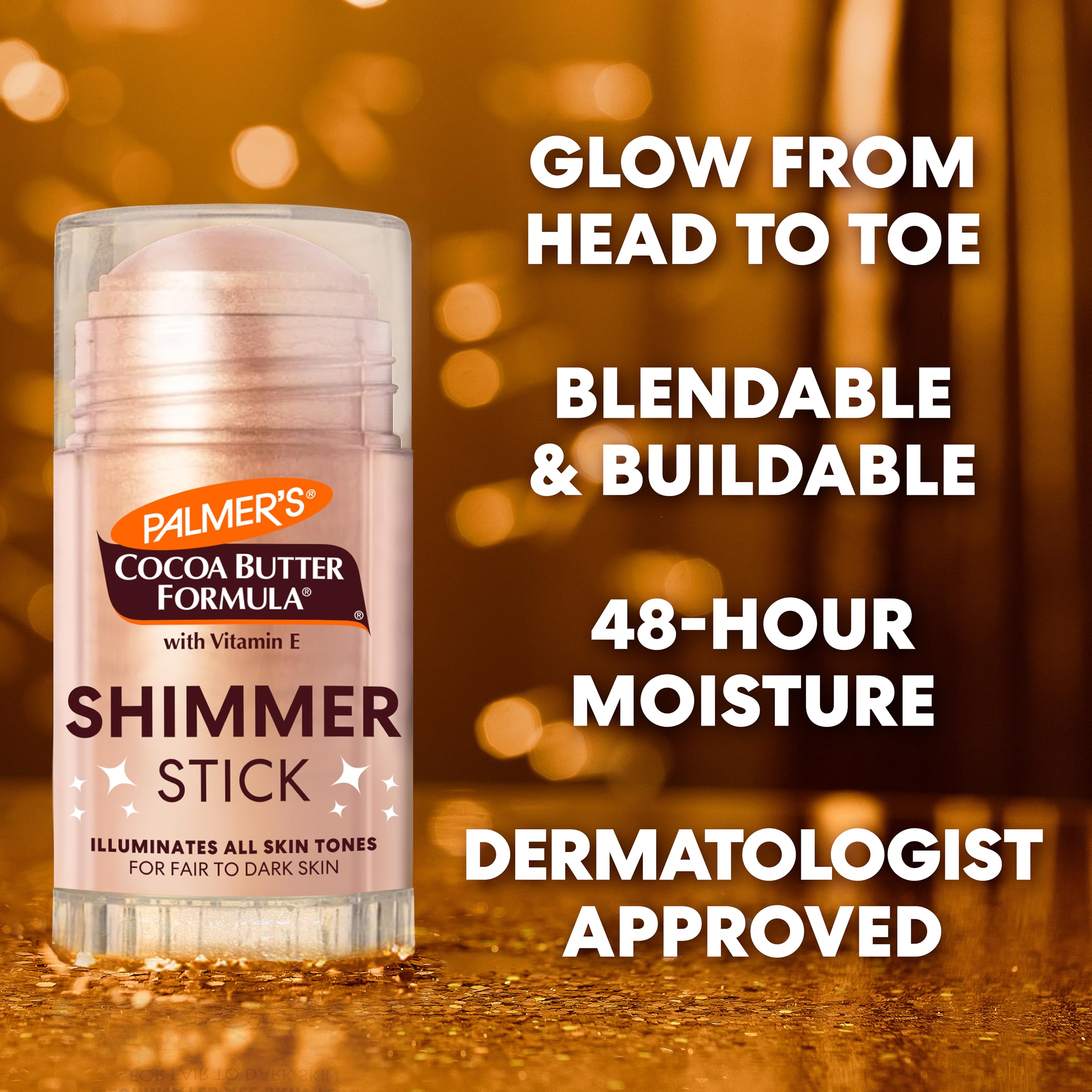 Palmer's Body Shimmer Stick, Cocoa Butter Formula with Vitamin E (1 Oz) | Radiant Highlighter Makeup for Body Glow, Provides 48hr Moisture, All Skin Tones & Types, Blendable, Dermatologist Approved