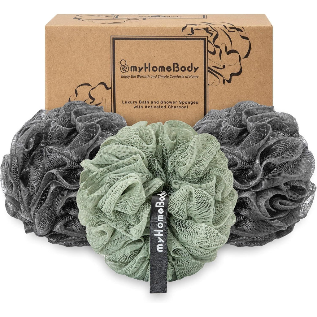 Buy now myHomeBody Large 70g Loofah Sponge, Bath Body Scrubber for Women, Men, Exfoliating Shower Pouf with Activated Charcoal - 2 Graphite Gray + 1 Sage Green, 3 Pack at indiglob india