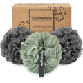 Buy now myHomeBody Large 70g Loofah Sponge, Bath Body Scrubber for Women, Men, Exfoliating Shower Pouf with Activated Charcoal - 2 Graphite Gray + 1 Sage Green, 3 Pack 2 Graphite Gray + 1 Sage Green at indiglob india