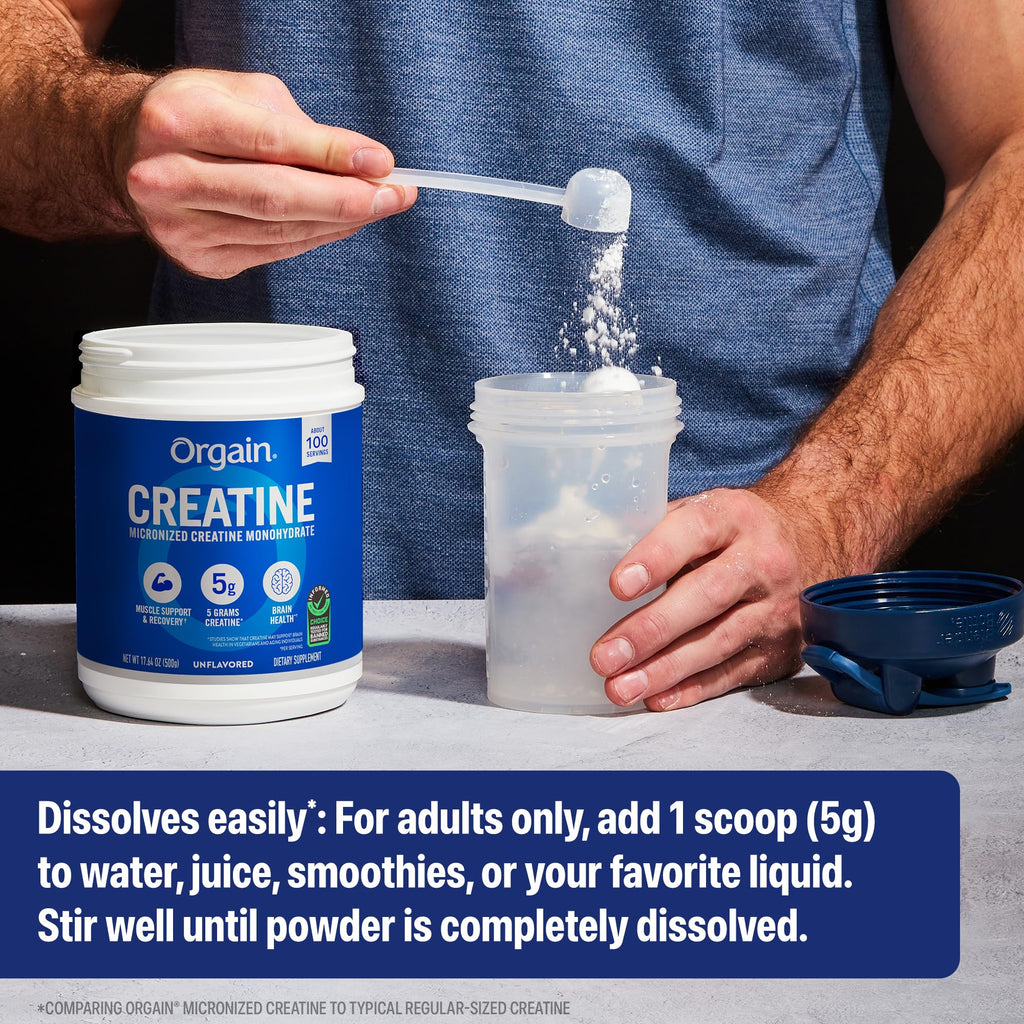 Orgain 5g Creatine Monohydrate Micronized Powder, Unflavored, 100 Servings | Creatine to support muscle growth, post workout recovery & brain health, no artificial additives, non-GMO, 17.64oz