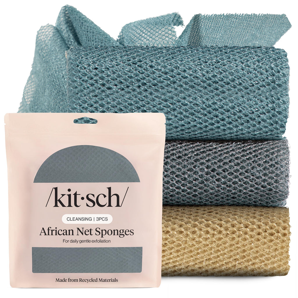 Kitsch African Net Sponge – Exfoliating Body Scrubber – Rosewood, 3 Pcs | for Cleansing & Gentle Daily Exfoliation – Stretchable Bath Sponge for Hard-to-Reach Areas – Long-Lasting Shower Essential