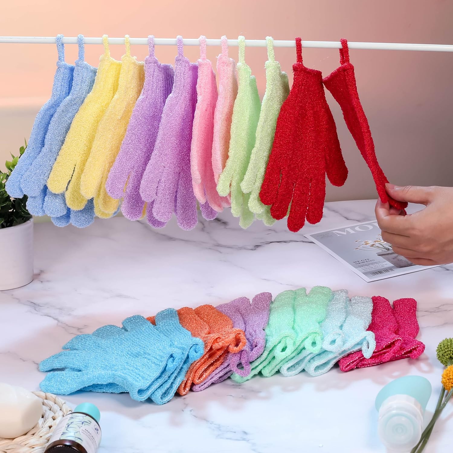 Buy now Shower Gloves,24 Pcs Exfoliating Bath Gloves,Body Scrub Gloves with Hanging Loop for Beauty Spa Massage Skin Shower Body Scrubber-12 Colors at indiglob india