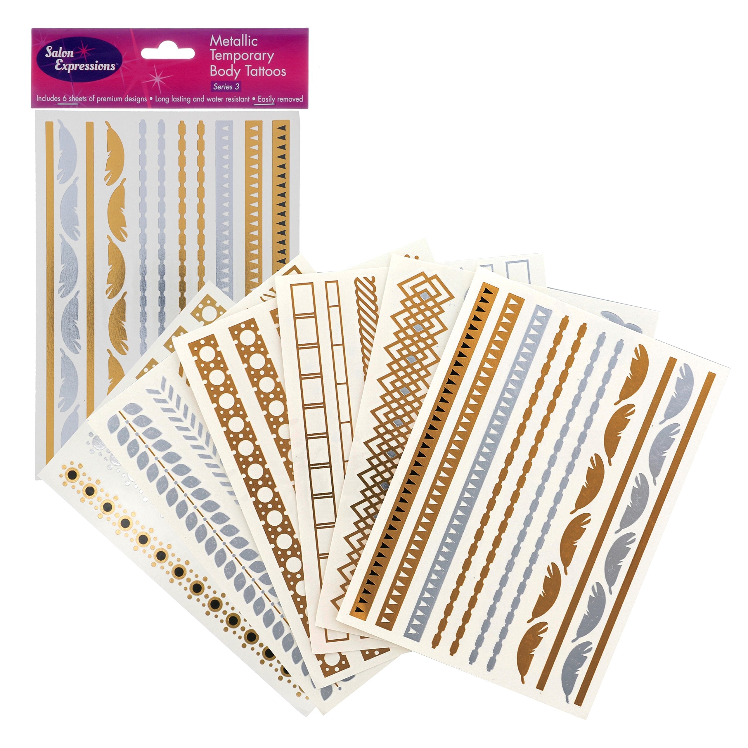 Buy now Metallic Temporary Tattoos- 6 Sheets of Gold & Silver Long Lasting Fashion Designs (Series 3)- Temporary Flash Tattoo is Water Resistant, Easy Apply- Bachelorette Party Supplies- Stocking Stuffer Gift at indiglob india