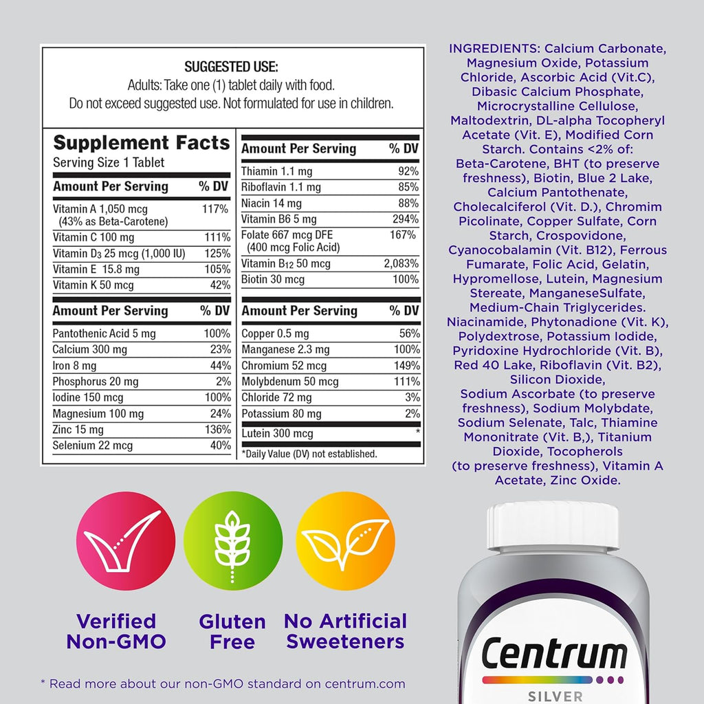 Buy now Centrum Silver Women's Multivitamin for Women 50 Plus, Multivitamin/Multimineral Supplement with Vitamin D3, B Vitamins, Non-GMO Ingredients, Supports Memory and Cognition in Older Adults - 100 Ct at indiglob india