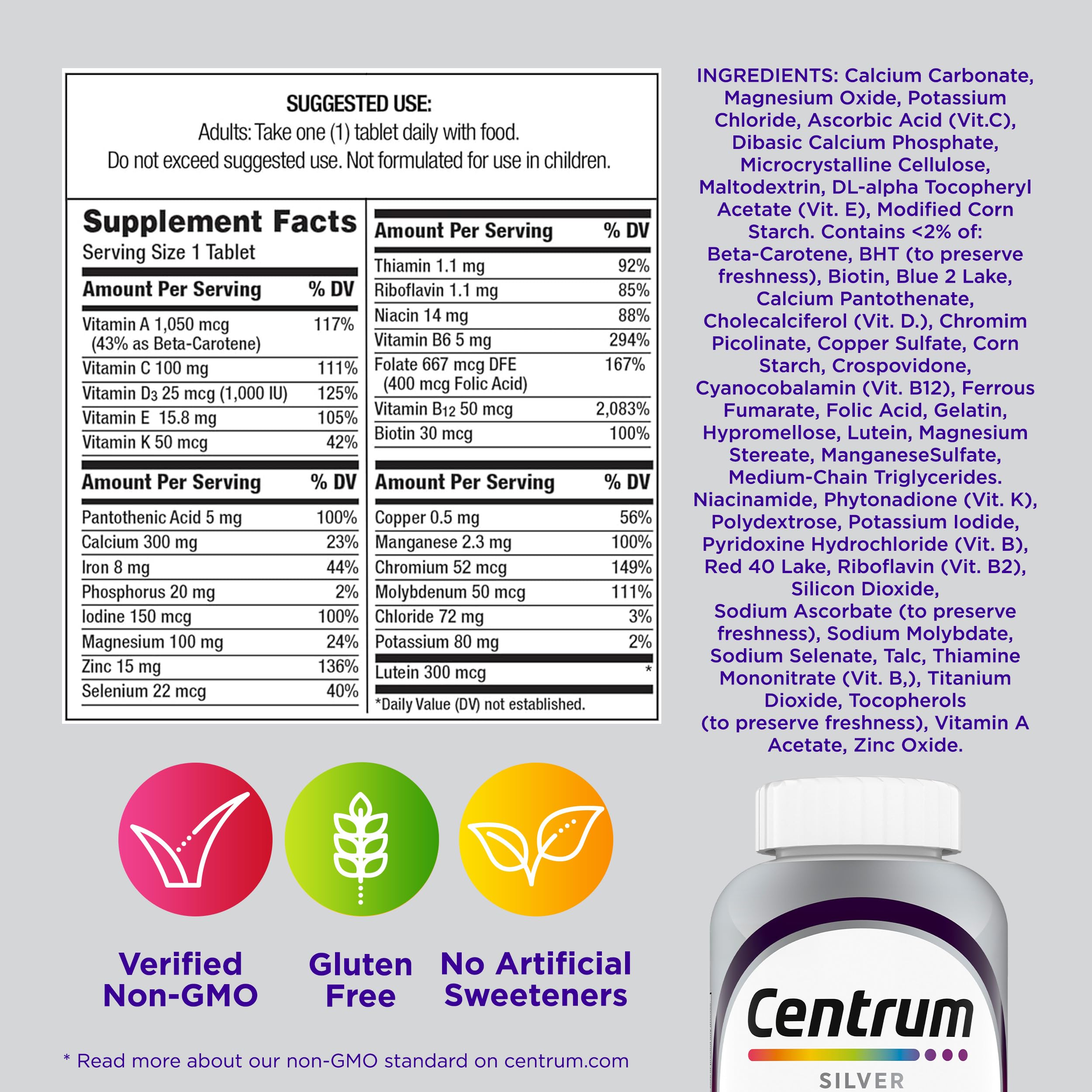 Centrum Silver Women's Multivitamin for Women 50 and Over, 200 Tablets | Contains Vitamin D3, B Vitamins, Calcium, and Antioxidants, Non-GMO Ingredients, Supports Memory and Cognition, GLP-1 Support