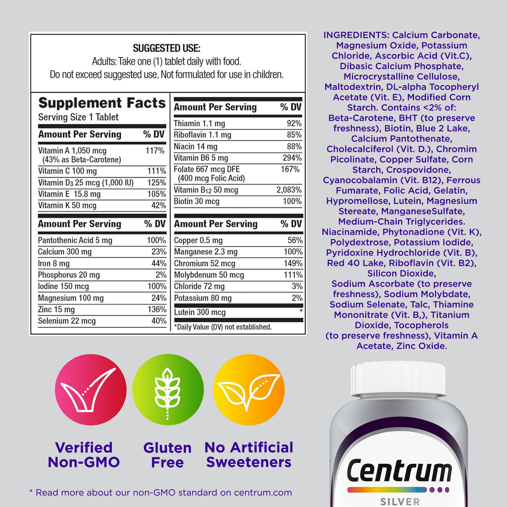Centrum Silver Women's Multivitamin for Women 50 and Over, 100 Tablets | Contains Vitamin D3, B Vitamins, Calcium, and Antioxidants, Non-GMO Ingredients, Supports Memory and Cognition, GLP-1 Support
