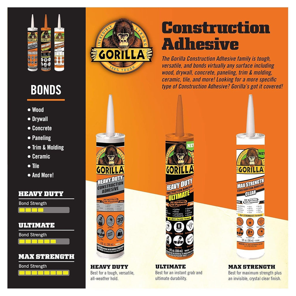 Buy now Gorilla Heavy Duty Construction Adhesive, White Glue, 9 Ounce Cartridge (Pack of 1) - Gap Filling and Waterproof at indiglob india