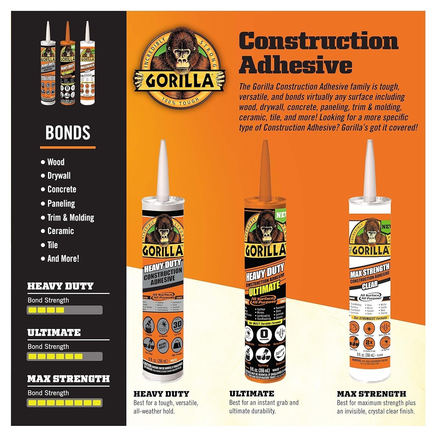 Buy now Gorilla Heavy Duty Construction Adhesive, White Glue, 9 Ounce Cartridge (Pack of 1) - Gap Filling and Waterproof at indiglob india