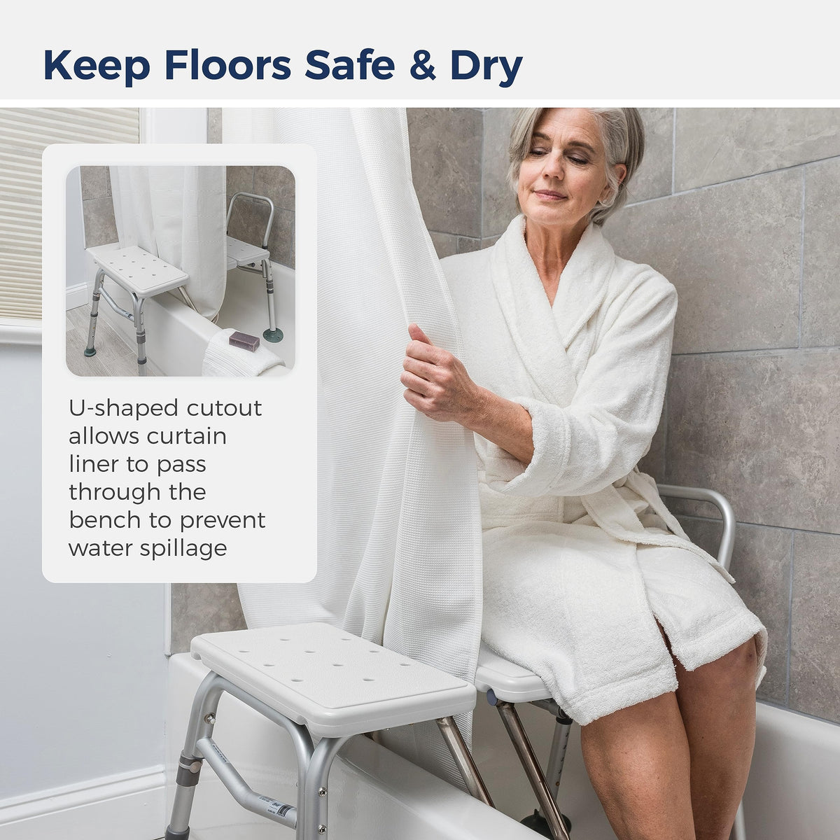 Drive Medical Splash Defense Tub Transfer Bench, Adjustable Height, White