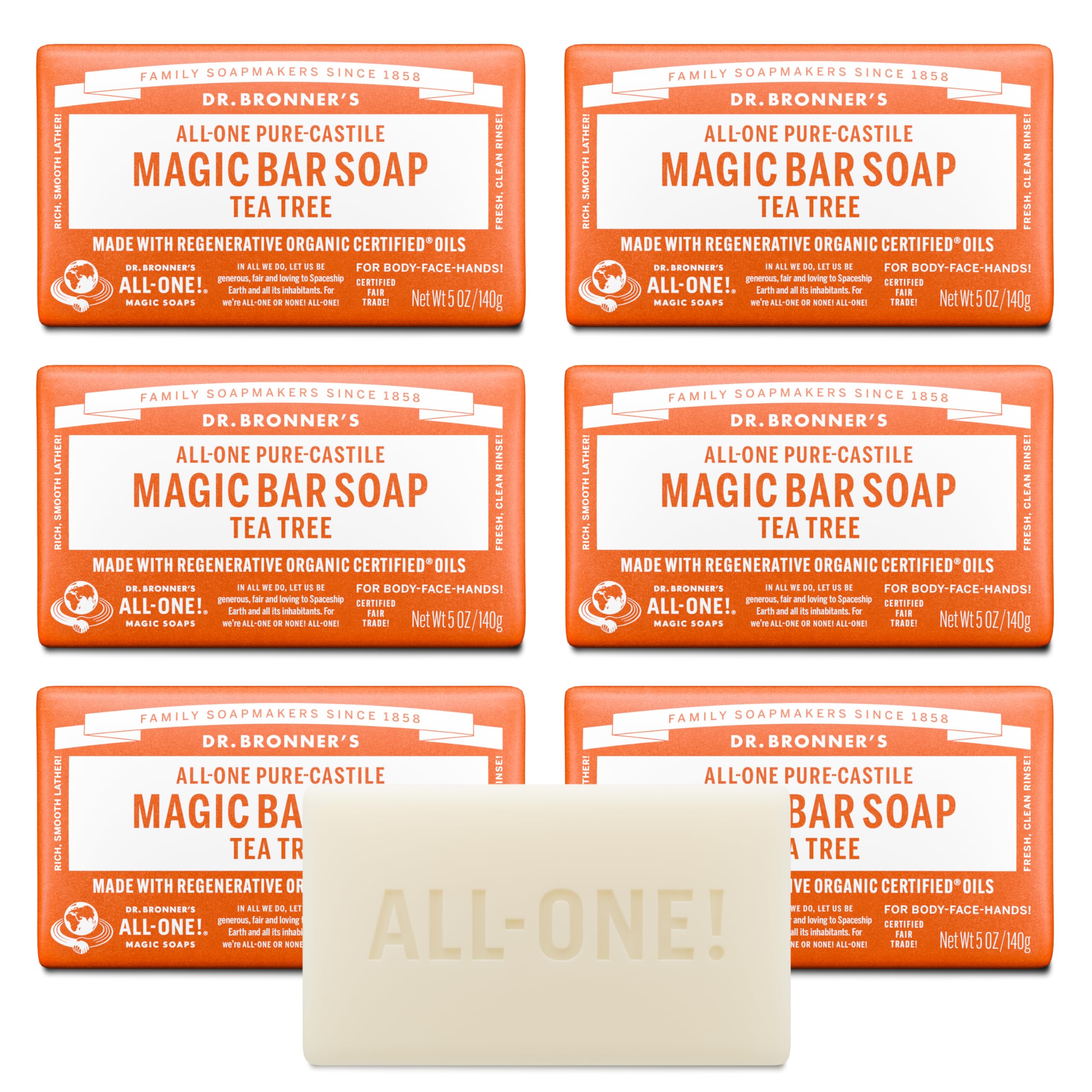 Dr. Bronner's Pure-Castile Magic Bar Soap (Tea Tree, 5 ounce, 6-Pack) - Made with Regenerative Organic Certified Oils, For Face, Body & Hair, Gentle, Vegan, Non-GMO