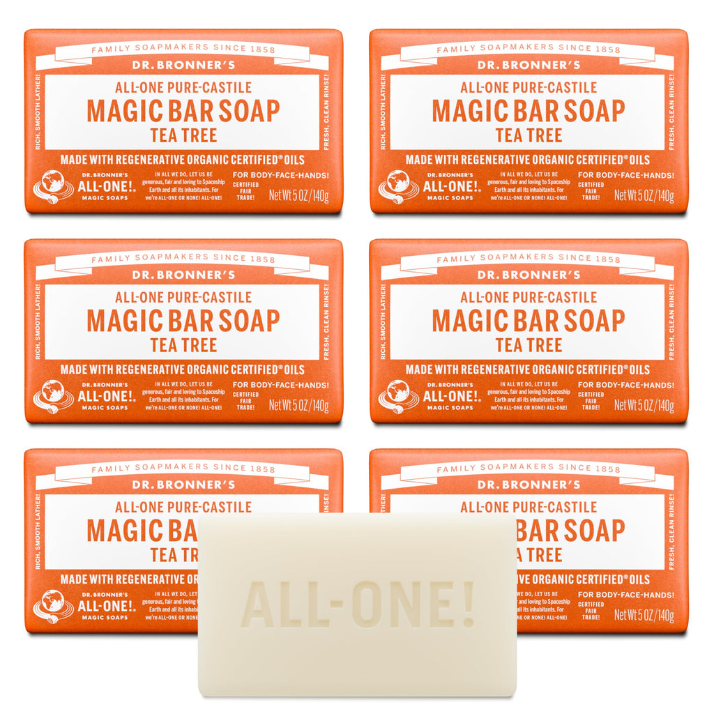 Dr. Bronner's Pure-Castile Magic Bar Soap (Tea Tree, 5 ounce, 6-Pack) - Made with Regenerative Organic Certified Oils, For Face, Body & Hair, Gentle, Vegan, Non-GMO