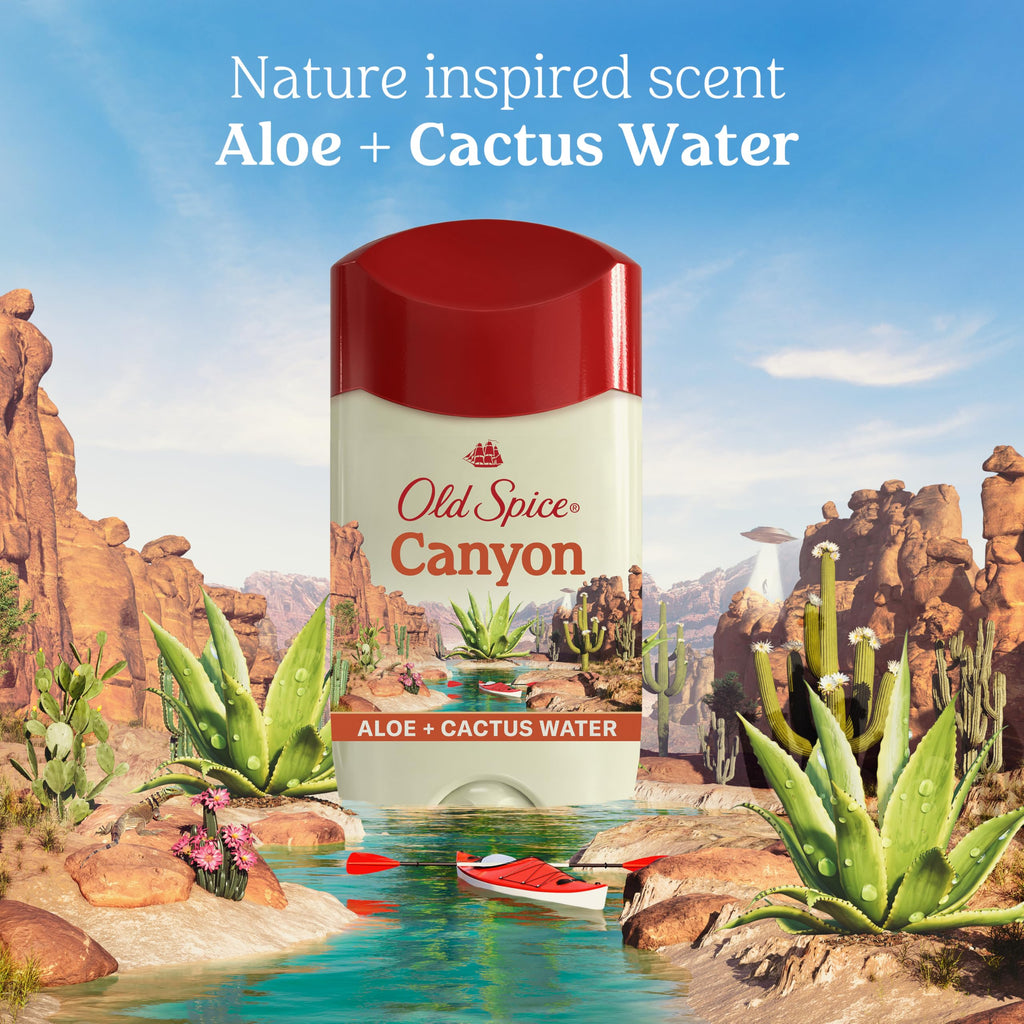 Old Spice Canyon deodorant with aloe and cactus water, featuring a vibrant nature scene, verified by CuratCart.