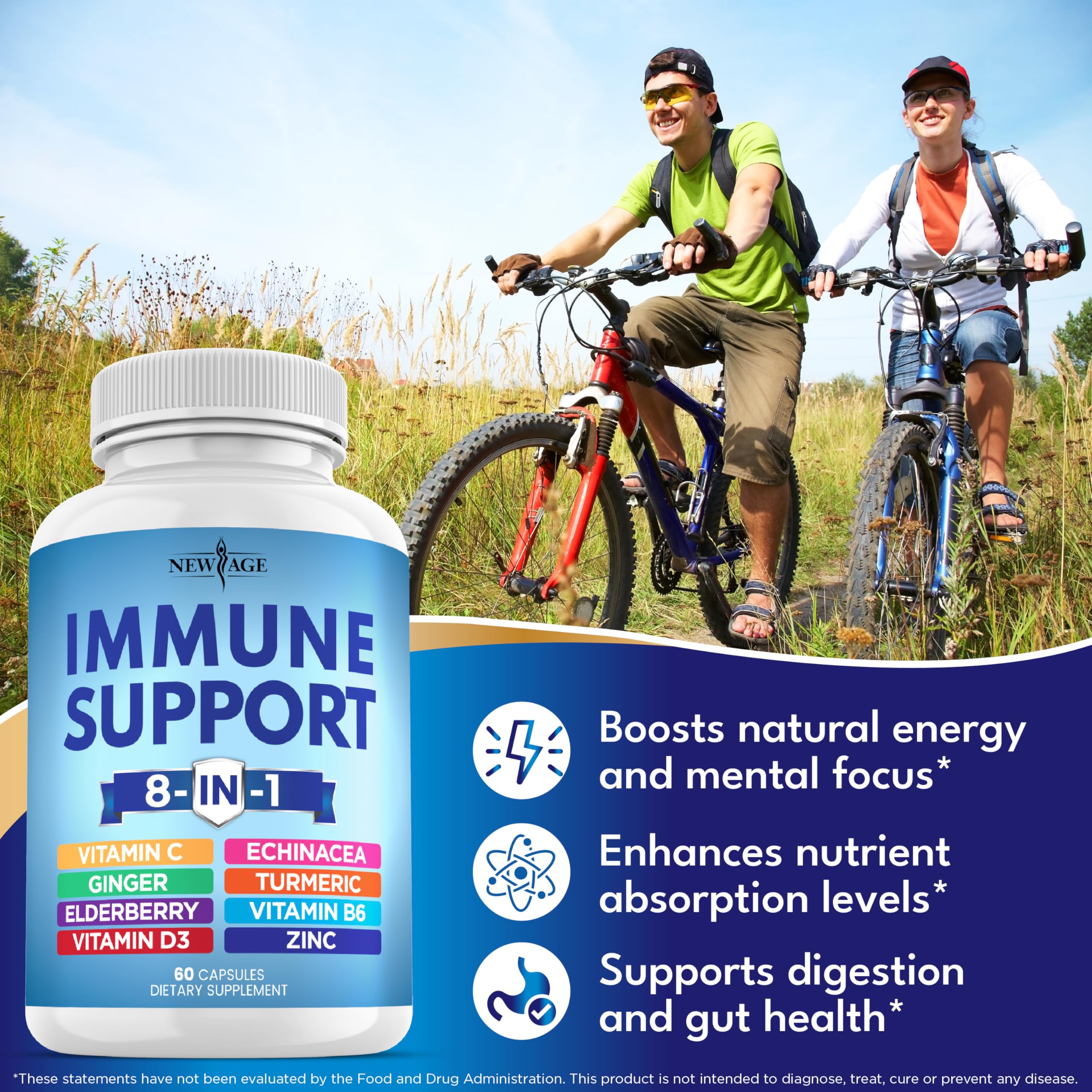 8 in 1 Immune Support Booster Supplement with Echinacea, Vitamin C and Zinc 50mg, Vitamin D 5000 IU, Turmeric Curcumin & Ginger, B6, Elderberry (8 in 1 Capsules (Pack of 3))
