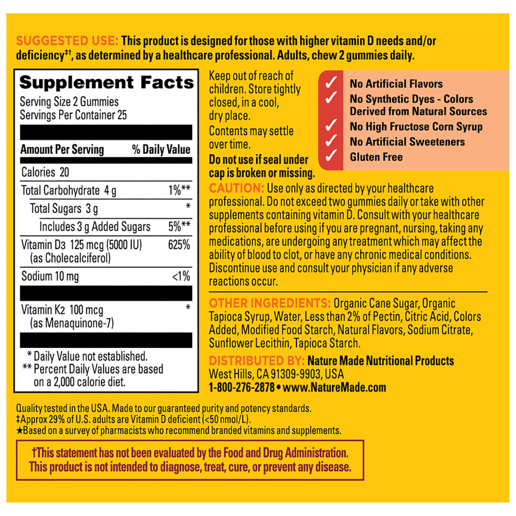 Nature Made Vitamin D3 K2 Gummies, 50 Gummy Vitamins | Vitamin D 5000 IU per Serving for Immune, Bone, Teeth and Muscle Health Support, Peach Flavor, 25 Day Supply