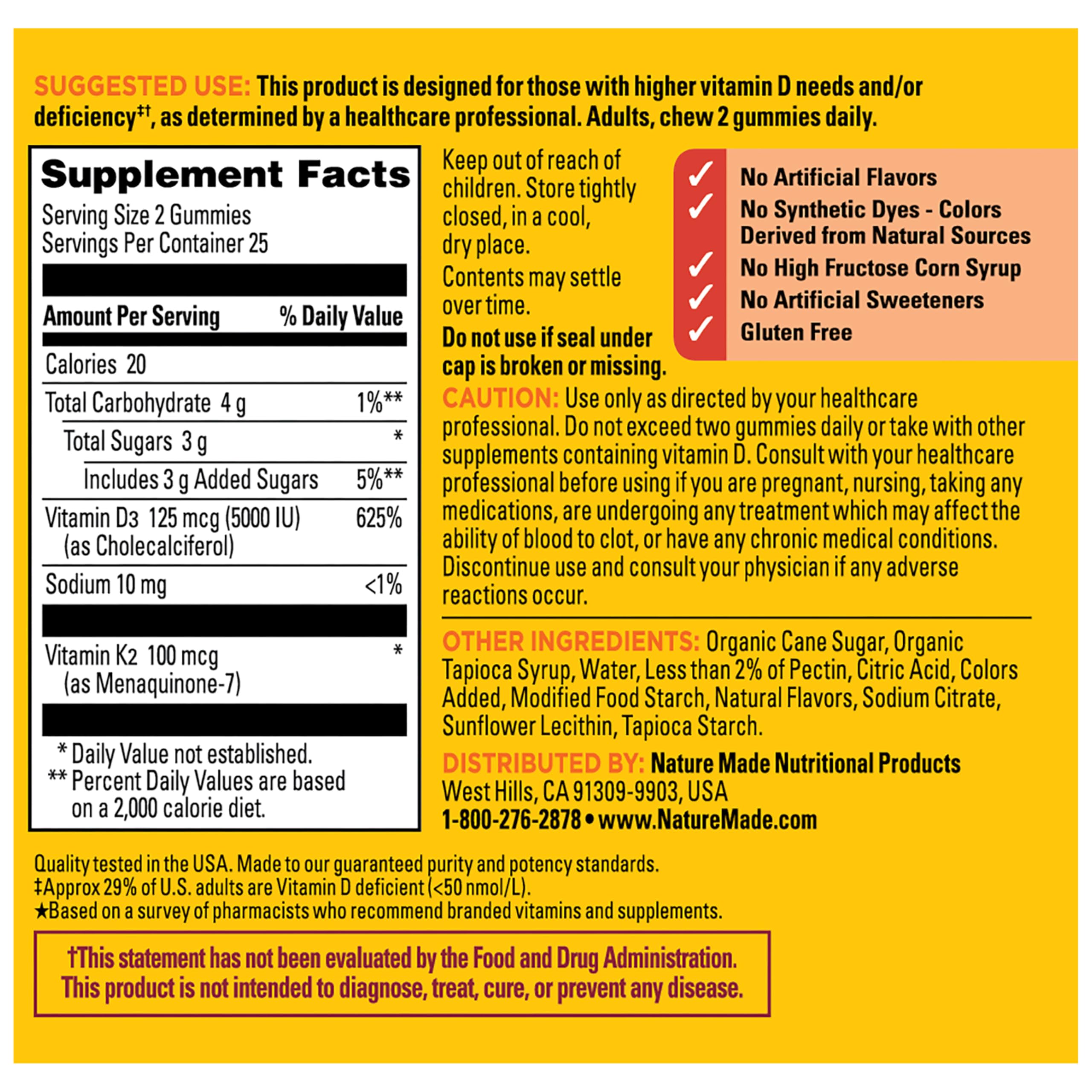 Nature Made Vitamin D3 K2 Gummies, 50 Gummy Vitamins | Vitamin D 5000 IU per Serving for Immune, Bone, Teeth and Muscle Health Support, Peach Flavor, 25 Day Supply