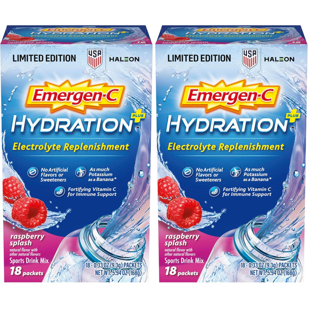 Emergen-C Hydration+ Vitamin C Sports Drink Mix, Raspberry, 18 Packets | Electrolytes for Hydration, 75% Less Sugar, Non-GMO, Vitamin C, Zinc and Manganese, Sports Formula