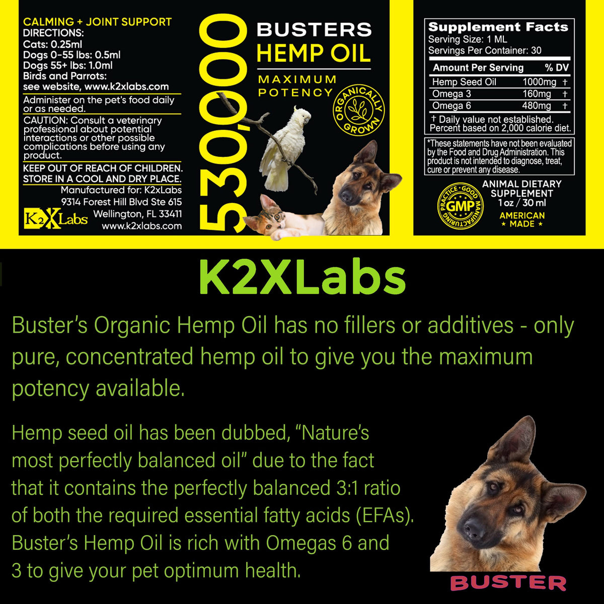 Buster's Hemp Oil for Dogs & Cats, Calm, Joint, Coat, 2-Pack 30ml