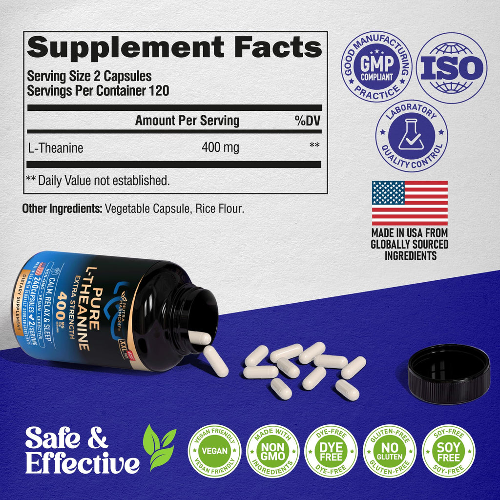 L-Theanine 400 mg - L Theanine for Stress Relief - Plant Based - 240 Caps | Extra Strength L Theanine Supplement for Men & Women - Relaxation, Sleep & Calm Support - Lab Tested, Vegan, Non-GMO