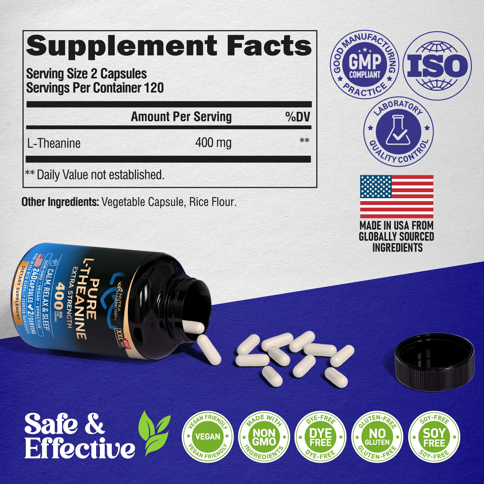 L-Theanine 400 mg - L Theanine for Stress Relief - Plant Based - 240 Caps | Extra Strength L Theanine Supplement for Men & Women - Relaxation, Sleep & Calm Support - Lab Tested, Vegan, Non-GMO