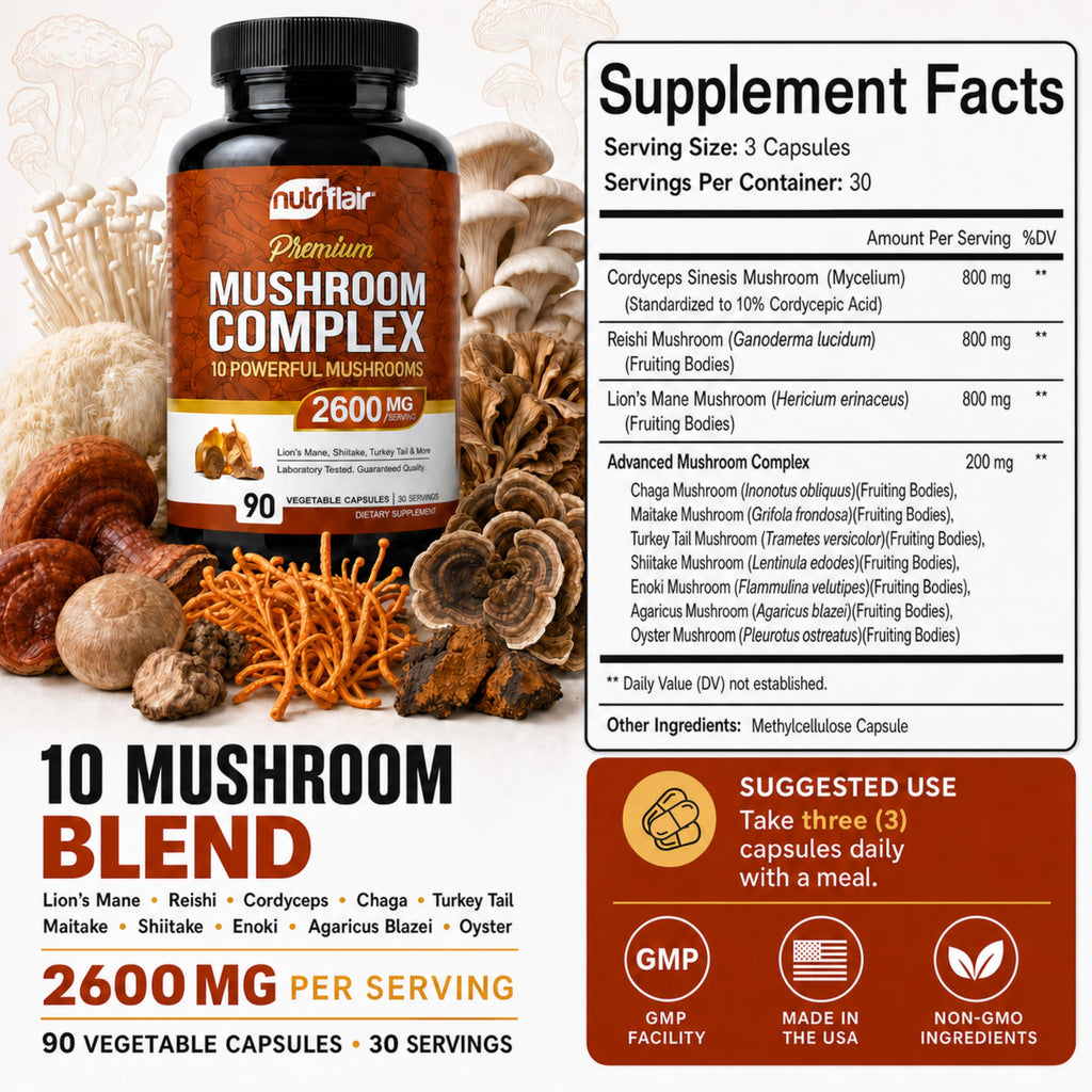 NutriFlair 10 Mushroom Complex Supplement 2600mg, 90 Capsules | Made in USA