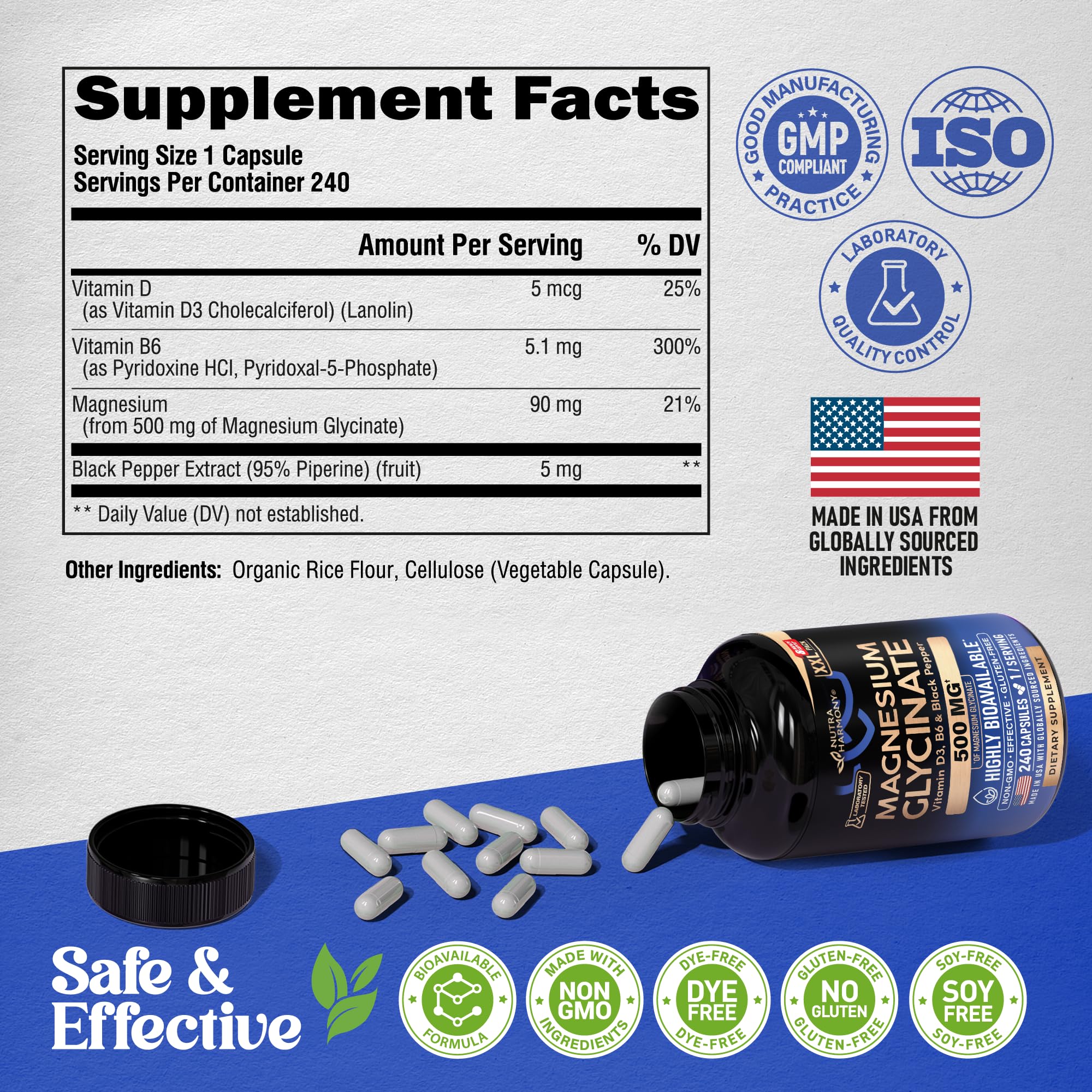 Magnesium Glycinate 500mg - VIT. B6 & D3 - Sleep, Muscle & Heart - 240 Caps | Magnesium Bisglycinate - Chelated High Absorption with Black Pepper - Magnesium for Women & Men - Lab Tested & Non-GMO