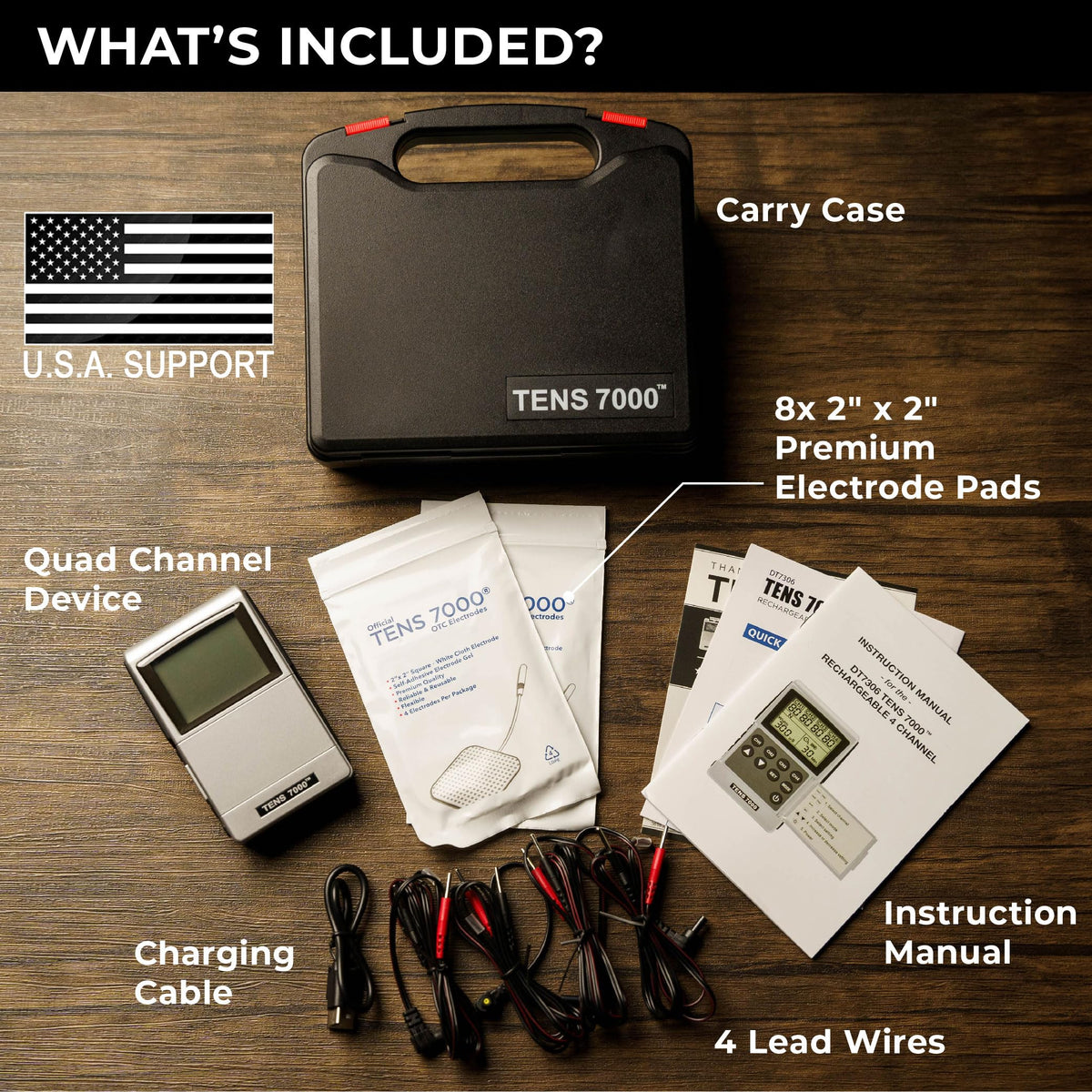 TENS 7000 Pro Rechargeable Tens Unit Muscle Stimulator, 4 Channels, Back Pain Relief, 8 Electrodes/Unit Pads, EMS and TENS Machine, Muscle Recovery & Growth, Stim Machine, Electrotherapy