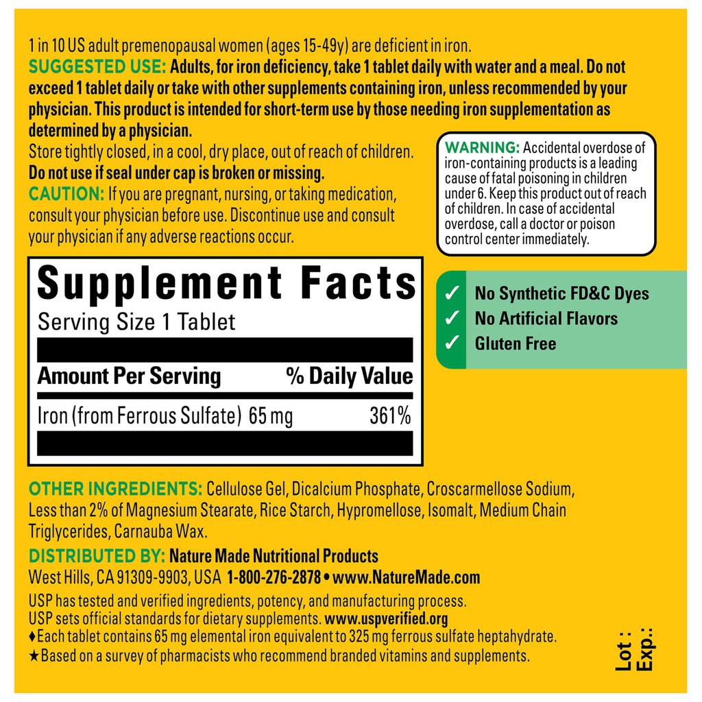 Nature Made Iron 65 mg (325 mg Ferrous Sulfate) Tablets, 180 Tablets | Iron Supplements for Men and Women with an Iron Deficiency, Dietary Supplement for Red Blood Cell Support, 180 Day Supply