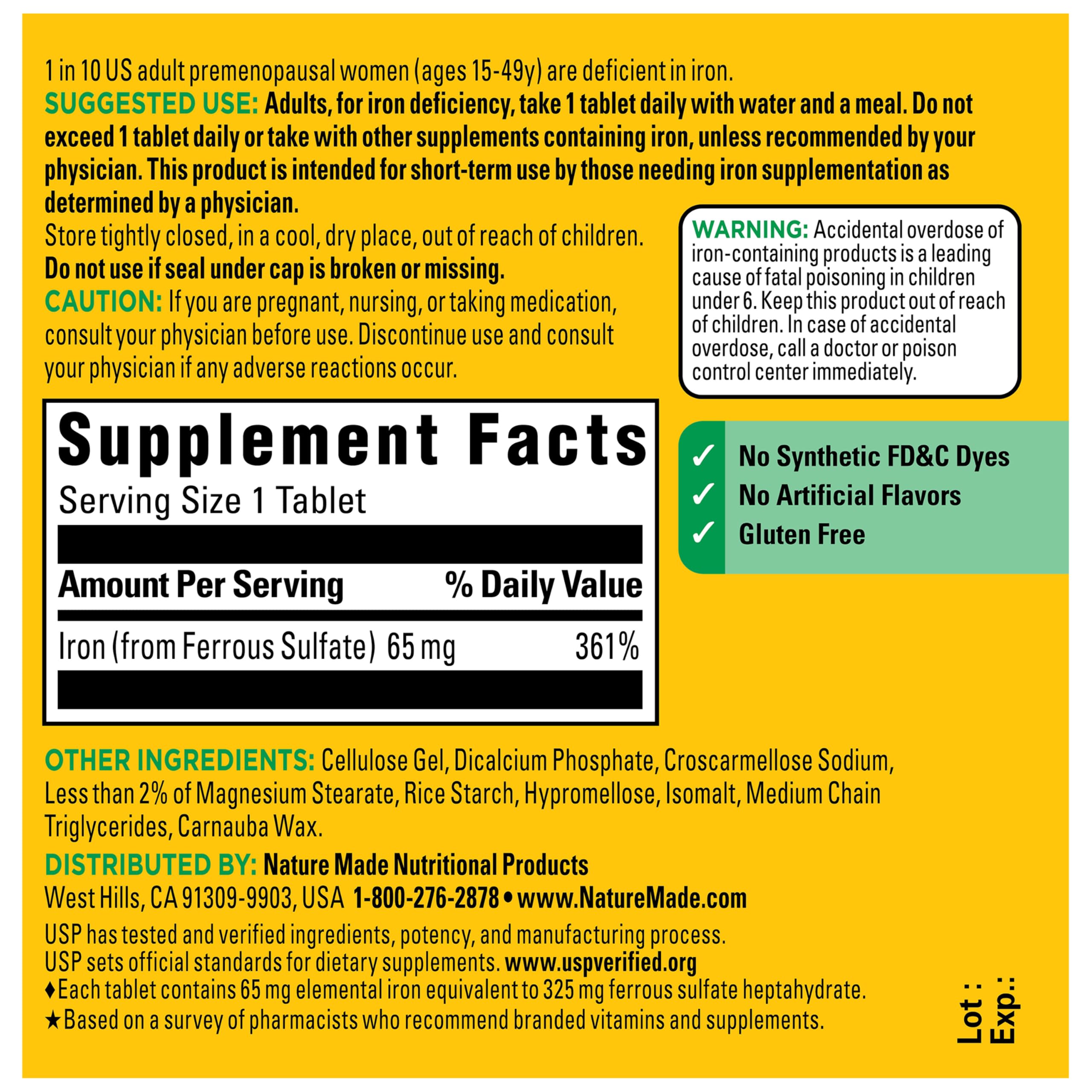 Nature Made Iron 65 mg (325 mg Ferrous Sulfate) Tablets, 180 Tablets | Iron Supplements for Men and Women with an Iron Deficiency, Dietary Supplement for Red Blood Cell Support, 180 Day Supply
