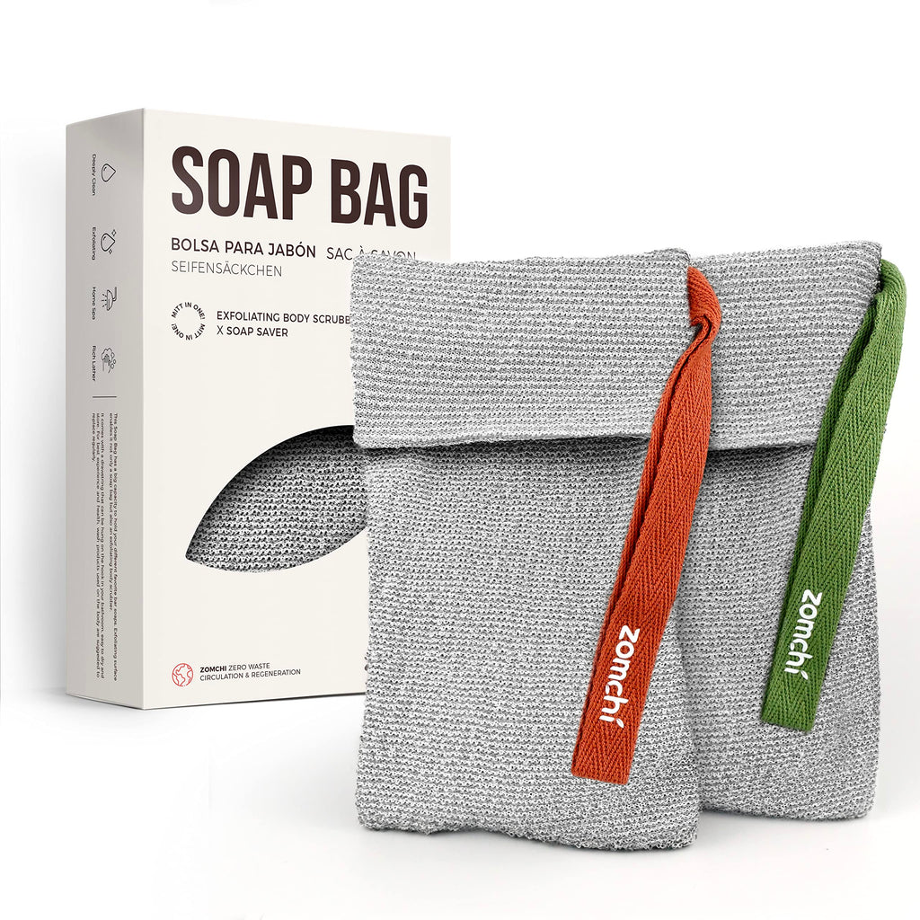 ZOMCHI Soap Saver Bags for Bar Soap, 2 Pack, Deep Texture Grey | Nylon Mesh Helps Create Rich Lather, Hanging Loop, Quick Drying Design, Roomy Pouch For Bath And Shower Routines