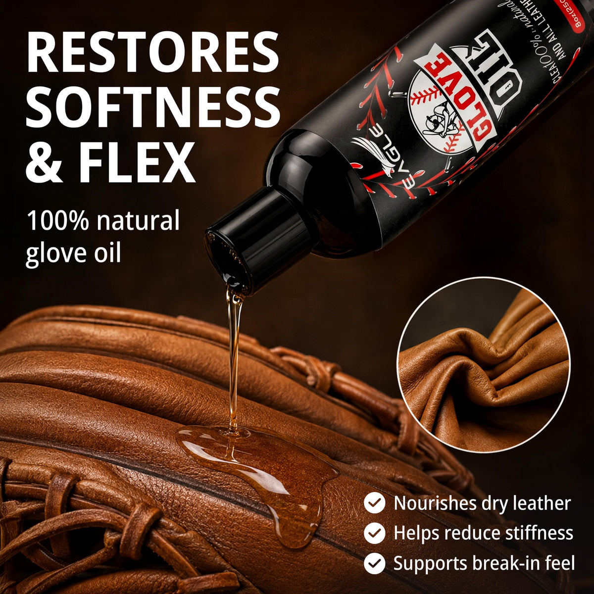 Eagle Baseball Glove Care Kit – Glove Cleaner (8oz), Oil (8oz), Conditioner (3.38oz), 2 Applicators & Cloth – Complete Leather Glove Maintenance Kit for Baseball, Softball, Catcher’s Mitts & More