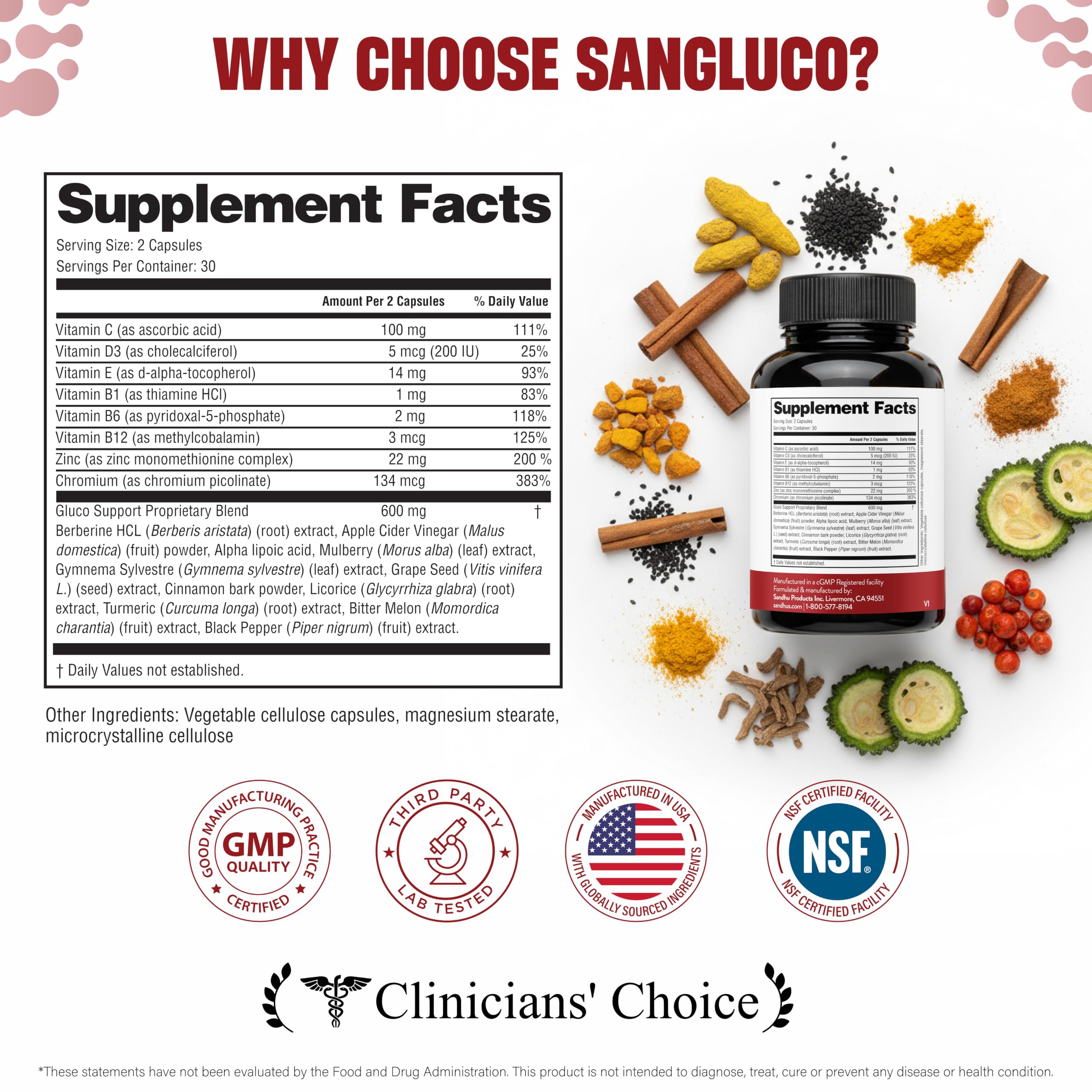 Sangluco Berberine Ceylon Cinnamon Chromium Turmeric Apple Cider Vinegar Bitter Melon Supplement | Supports Healthy Levels Already Within Normal Range | 180 Capsules