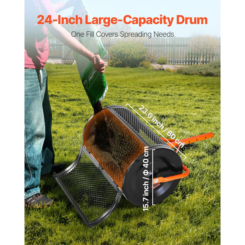 VEVOR Compost Spreader, 24 in Wide Peat Moss Spreader with T Shaped Handle, 3 Heights Adjustable, Powder-Coated Steel Garden Peat Moss Roller, Heavy Duty Grass Seed Spreaders for Planting Seeding
