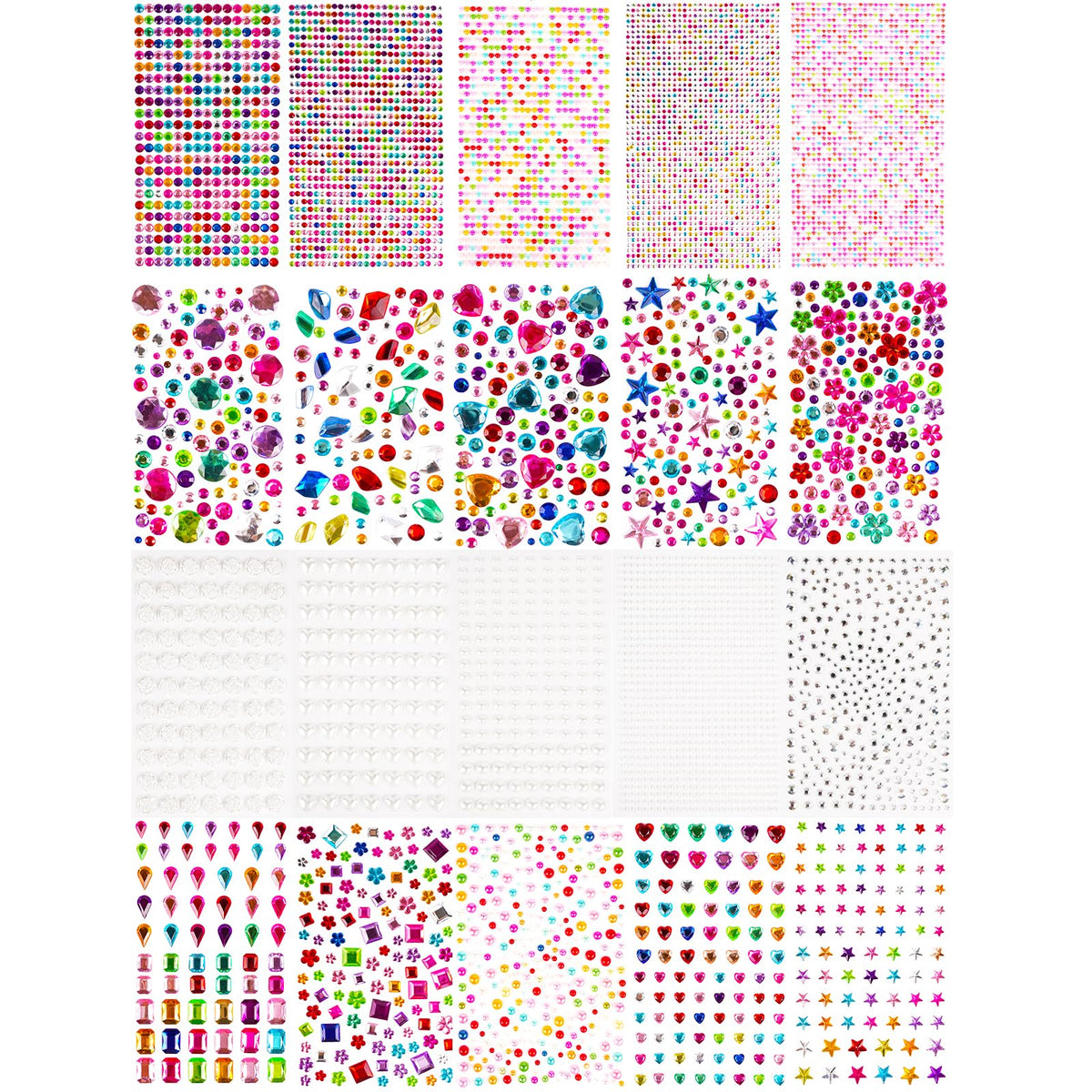 7560pcs Gem Stickers - 20 Sheets Self-Adhesive Rhinestone Acrylic Bling Jewels for Crafts, DIY Projects, Party Decorations with Heart Star Round Pearl Flower Square Shapes
