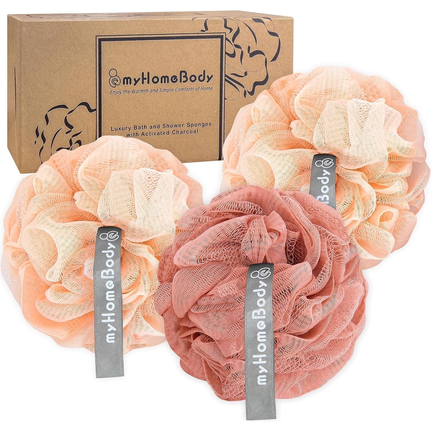 Buy now myHomeBody Large 70g Loofah Sponge, Bath Body Scrubber for Women, Men, Exfoliating Shower Pouf with Activated Charcoal - 2 Graphite Gray + 1 Sage Green, 3 Pack 60g - 2 Peach + 1 Coral Red at indiglob india