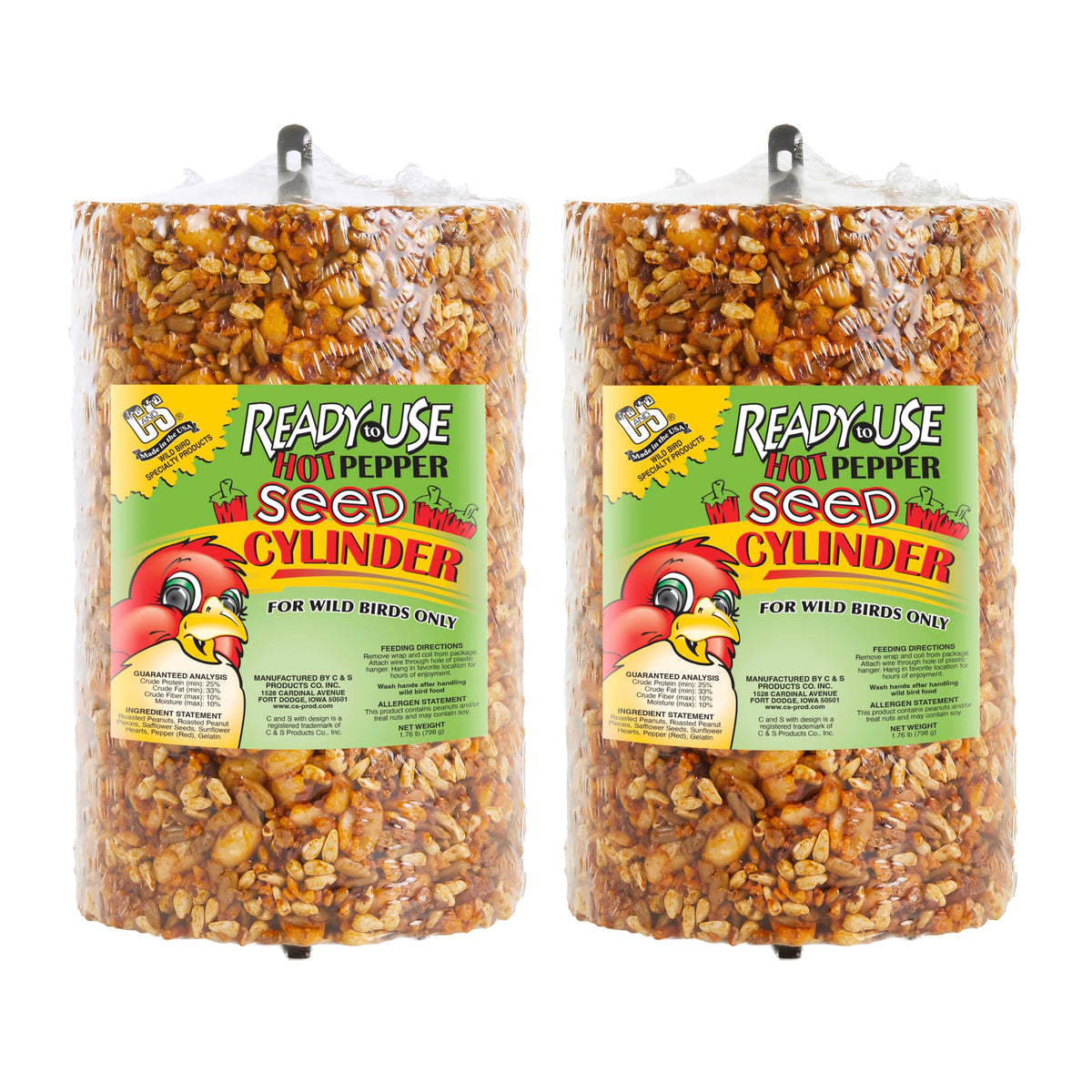 C&S Ready to Use Hot Pepper Bird Seed Cylinder, Spicy Wild Bird Outdoor Feeder with Hanger, 1.76 Pound Cylinder, 2 Pack