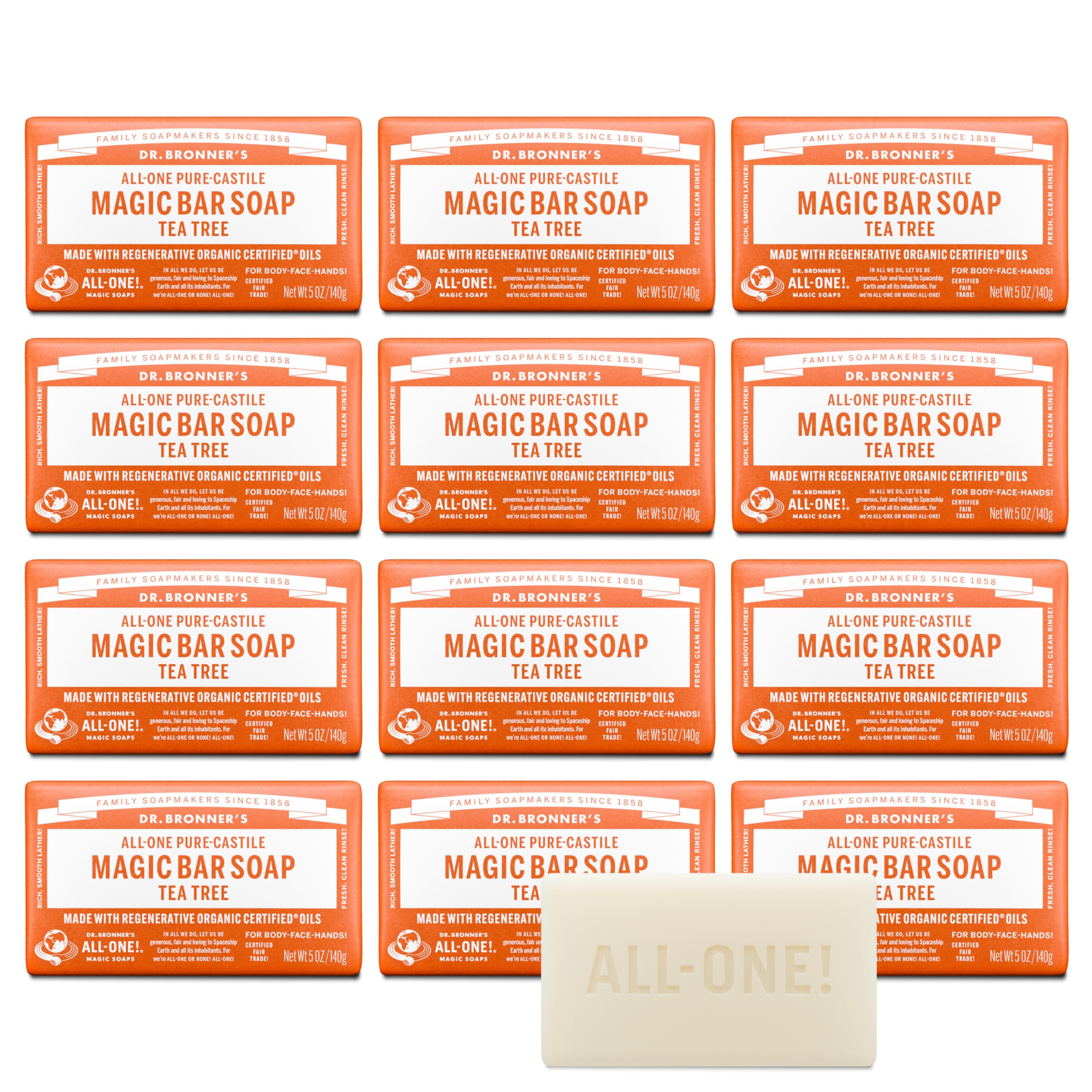 Dr. Bronner's Pure-Castile Magic Bar Soap (Tea Tree, 5 ounce, 6-Pack) - Made with Regenerative Organic Certified Oils, For Face, Body & Hair, Gentle, Vegan, Non-GMO