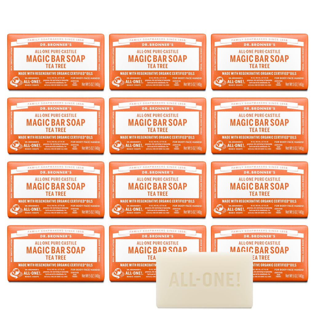 Dr. Bronner's Pure-Castile Magic Bar Soap (Tea Tree, 5 ounce, 6-Pack) - Made with Regenerative Organic Certified Oils, For Face, Body & Hair, Gentle, Vegan, Non-GMO