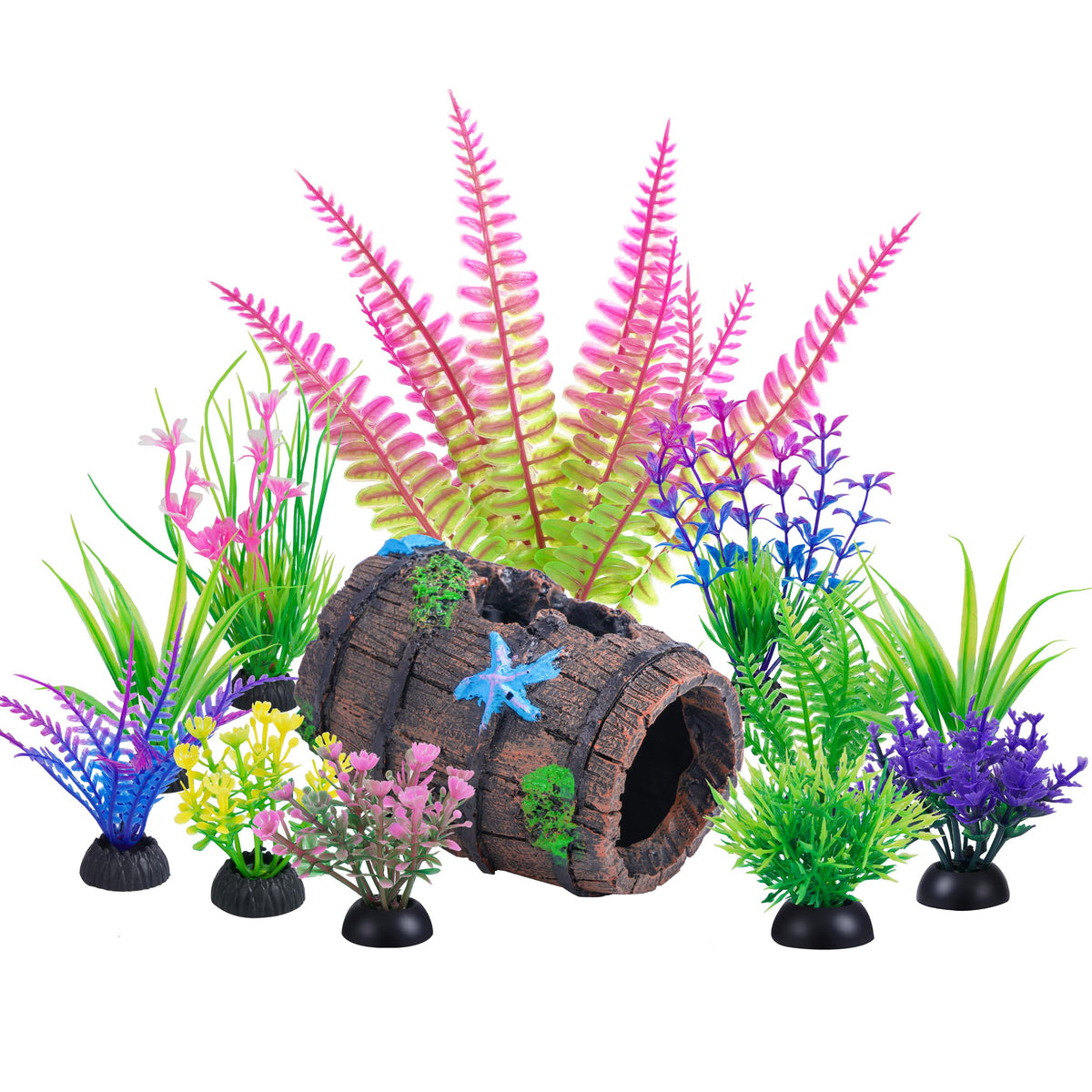 Ameliade 11 Aquarium Plants & Fish Tank Broken Barrel Cave Decorations Set