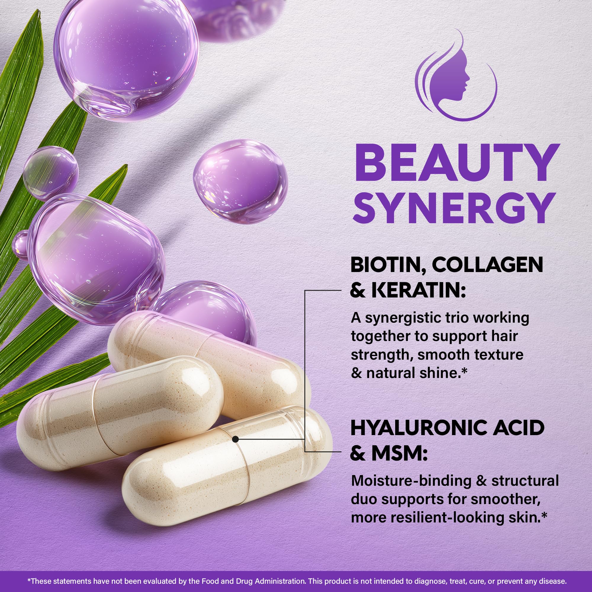 Biotin, Collagen, Hyaluronic Acid & Keratin - Hair Growth Support - 60 Caps | Hair, Skin & Nails Vitamins - Clinically Tested Supplement for Men & Women - 25000mcg Vitamins B1, B2, B3, B6 & B7
