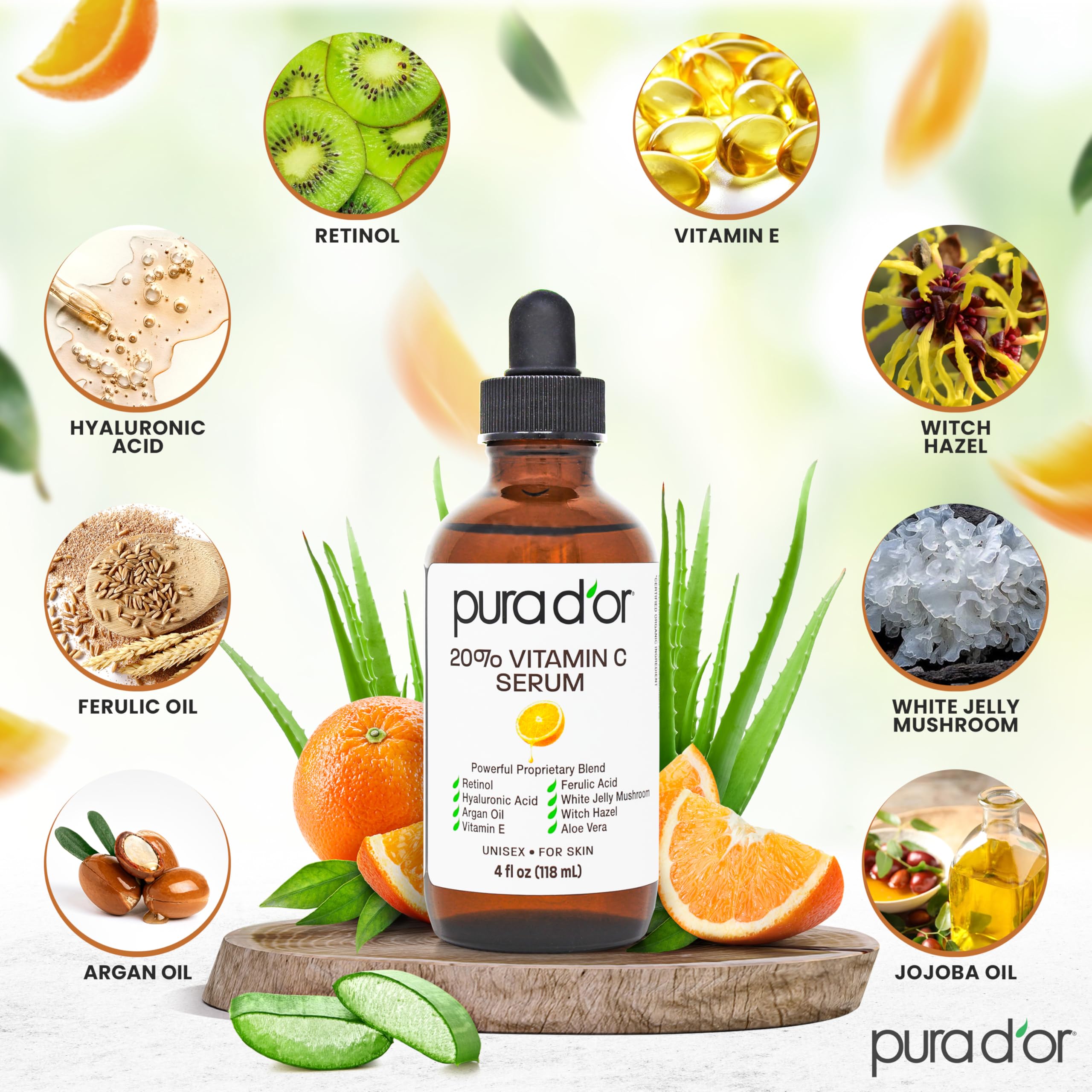 Buy now PURA D'OR 20% Vitamin C Facial Serum 4 Oz - Antioxidant Blend with Retinol, Hyaluronic Acid, Vitamin E & Ferulic Acid - Hydrating Lightweight Skincare Formula - Men and Women Daily Use Skin Care Plus at indiglob india