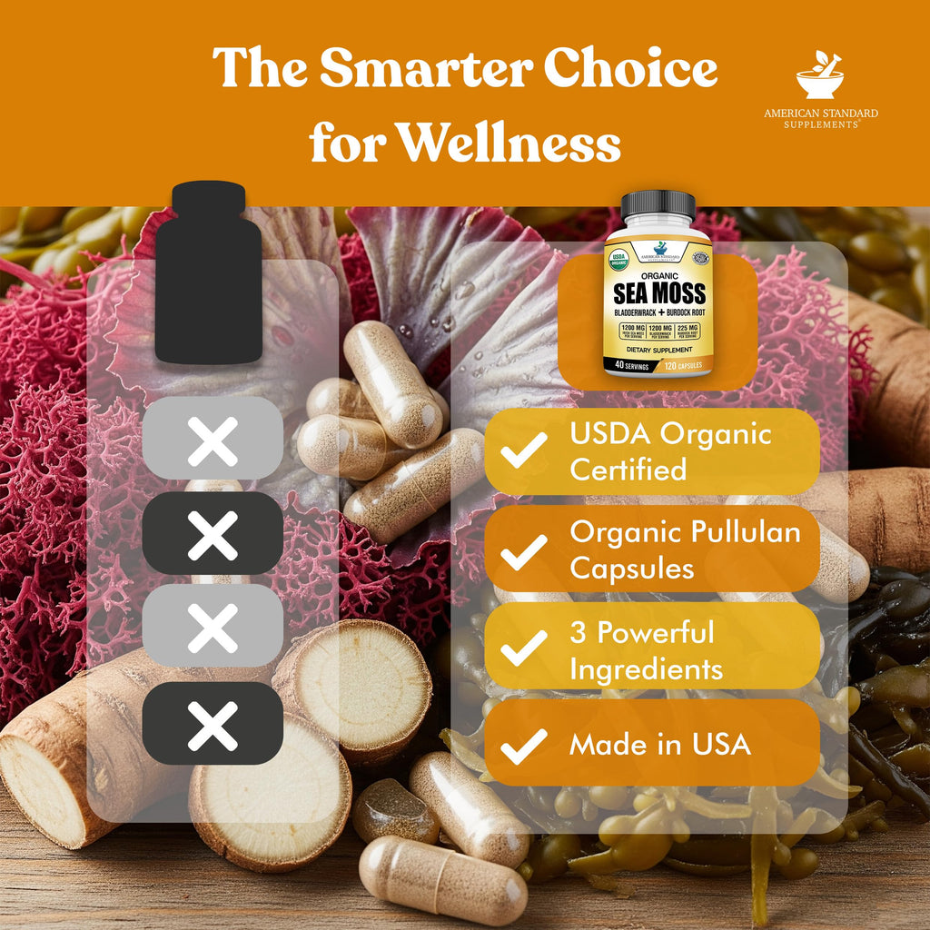 American Standard Supplements Organic Sea Moss, Bladderwrack & Burdock Root Capsules - 1200mg Seamoss, 1200mg Bladderwrack, 225mg Burdock Root Per Serving - 120 Capsules, 40 Servings